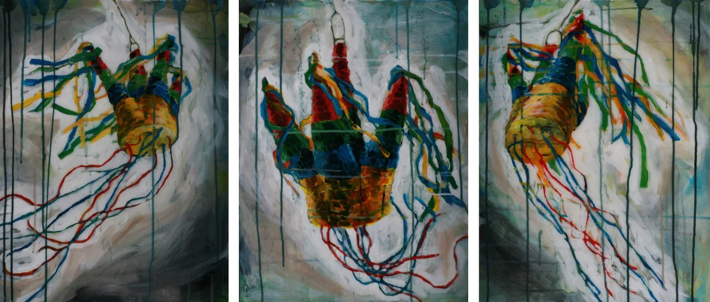 Piñata Triptych. 54”W x 24”H. Mixed Media on Canvas on Panel. Anna Stump (2012)