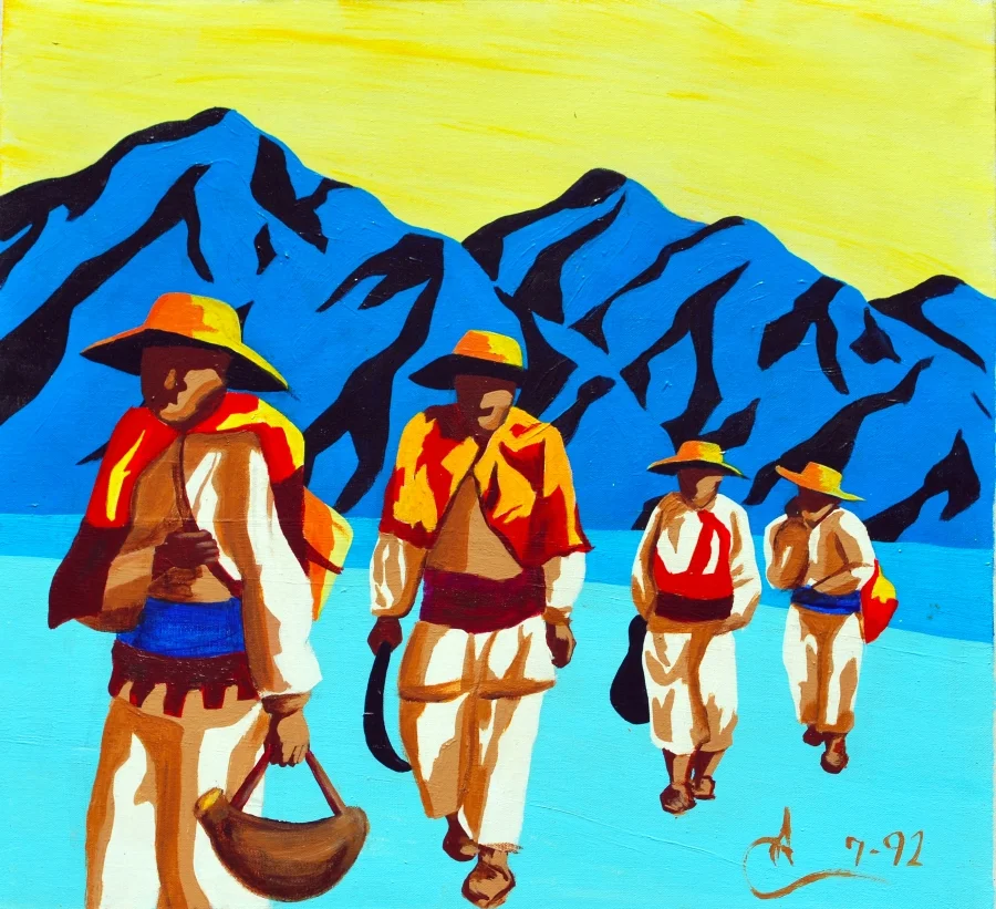 Huichol Odyssey. 24”W x 22”H. Acrylic on Canvas. Arturo Cambron (1992)