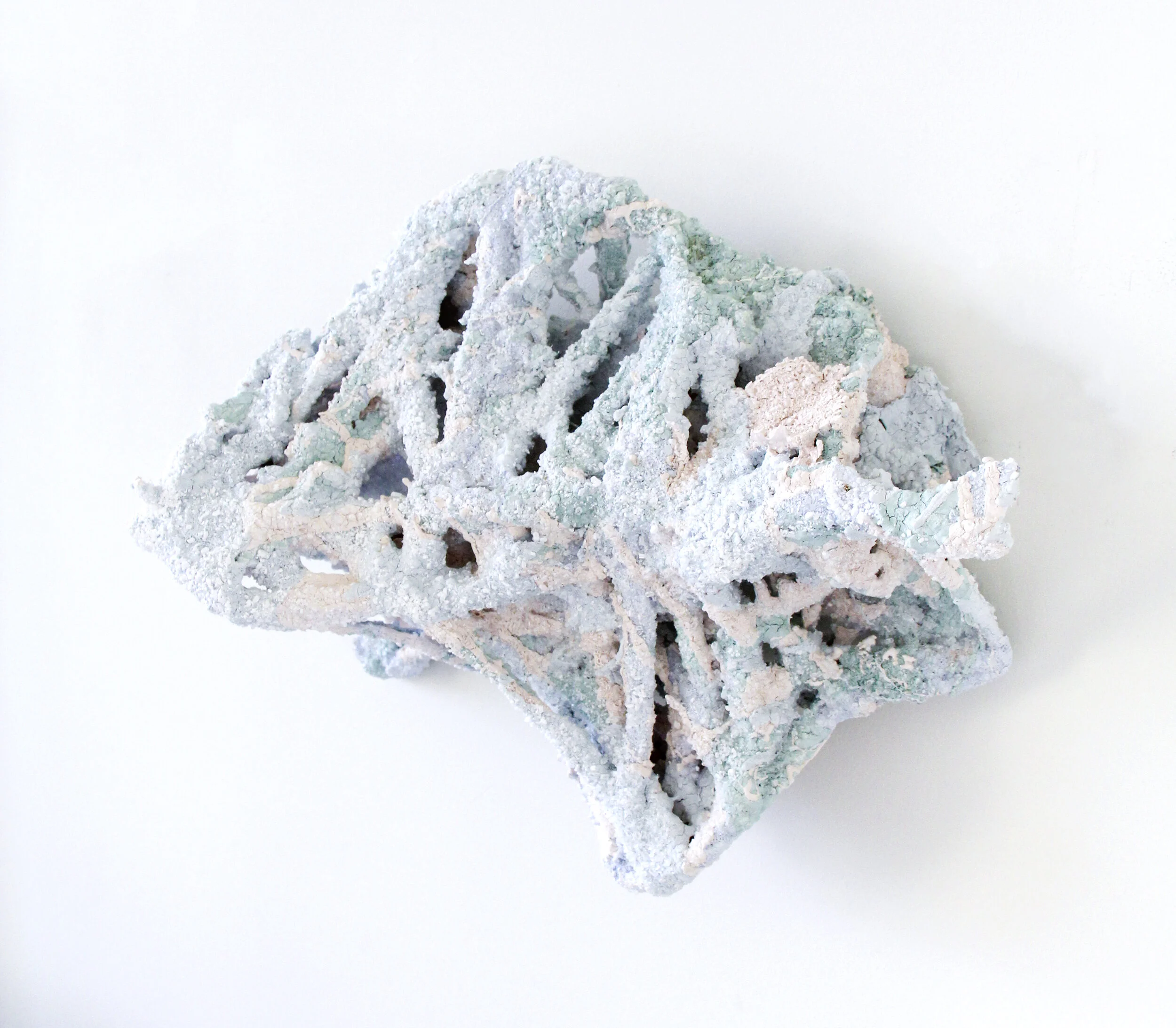 Love > Shelter. 14”W x 16”L x 8”D. Found Alderwood scrap, wire hangers, yarn, water based paint, magnesium sulfate (2019).