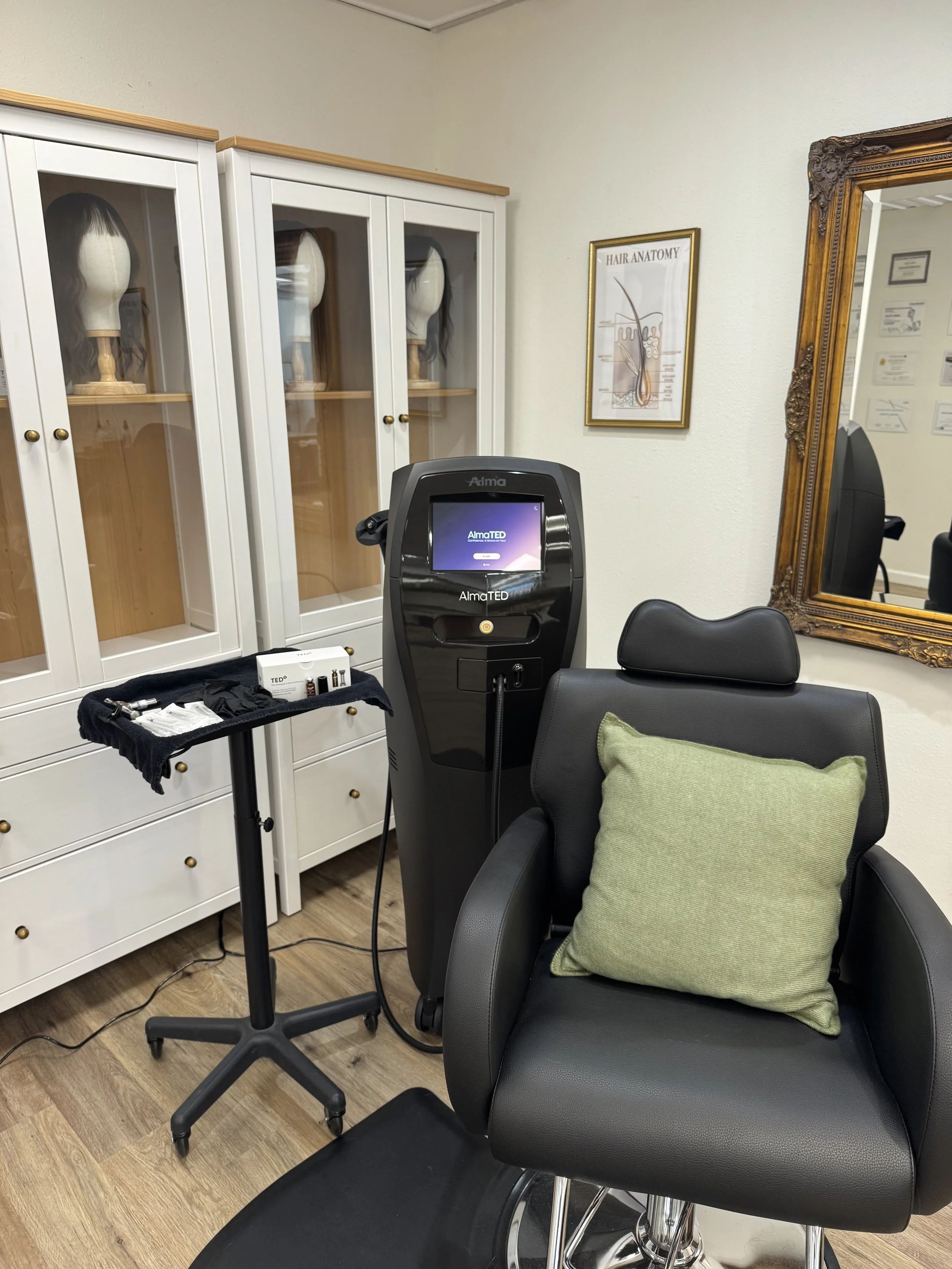 A luxury salon setting with a comfortable black armchair, a green pillow, a hair growth machine, a white cabinet containing mannequin heads with wigs, and a framed diagram of hair anatomy on the wall.