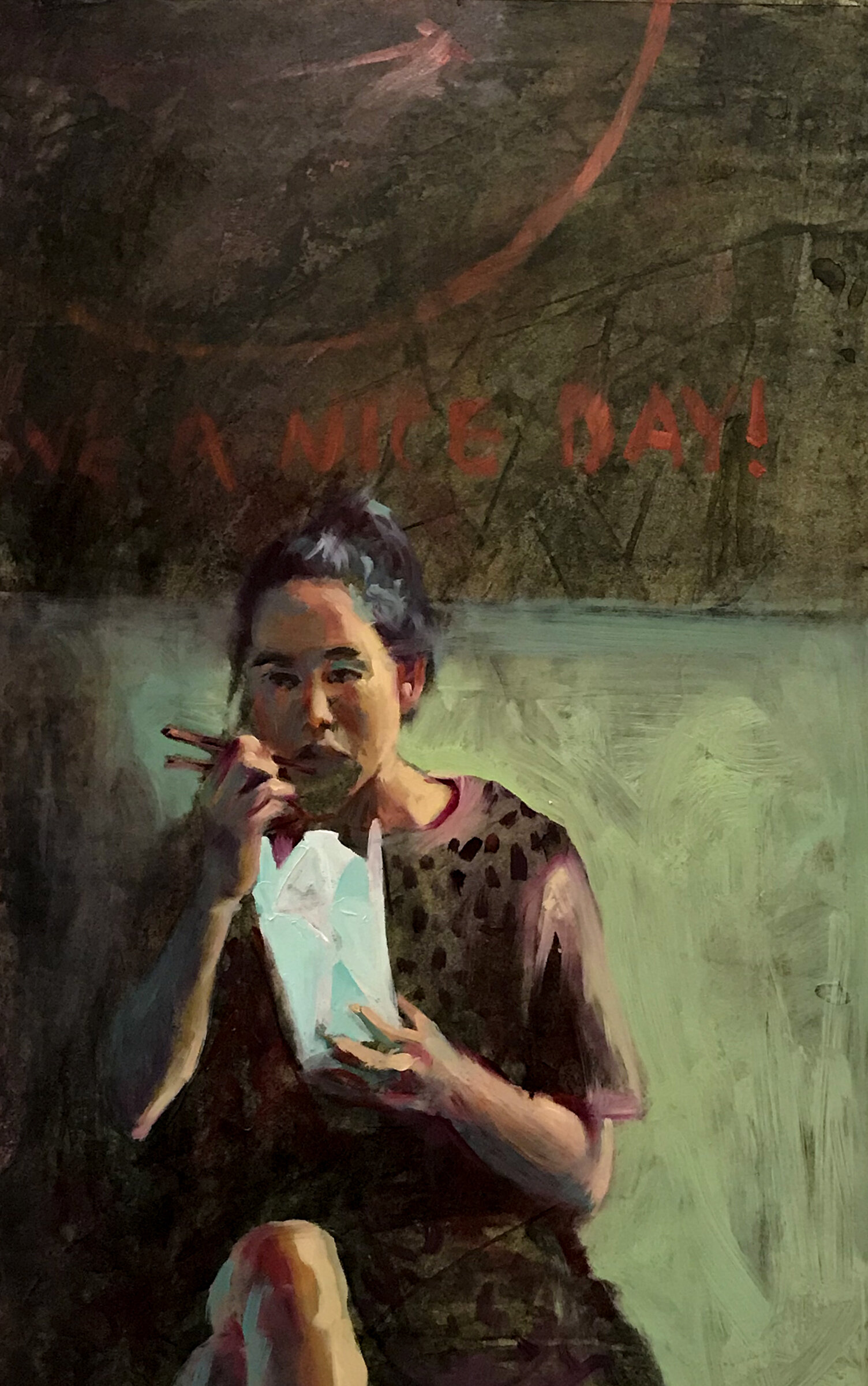 Takeout, 24x16” oil on paper (2019)
