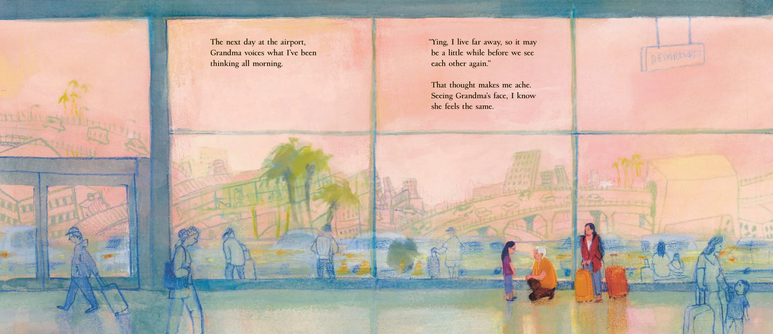 A colorful watercolor illustration of an airport terminal with people and luggage, behind a large glass window showing a cityscape with palm trees, buildings, and a bridge. Text on the window reflects a person's thoughts about traveling and seeing th
