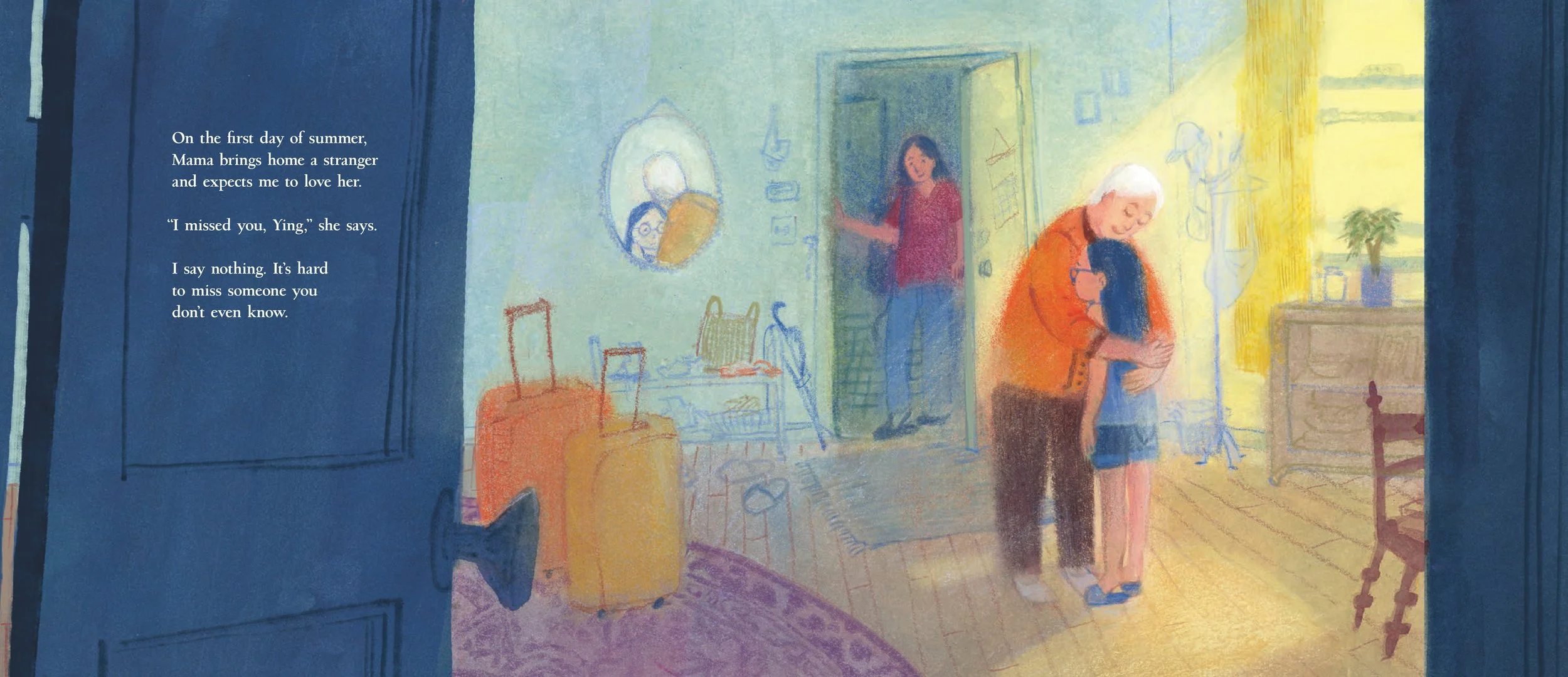 A colorful illustration of a mother hugging her child in a cozy room, with another woman at the doorway, and a mirror on the wall reflecting a person wearing glasses, along with several pieces of furniture and children's toys scattered around.