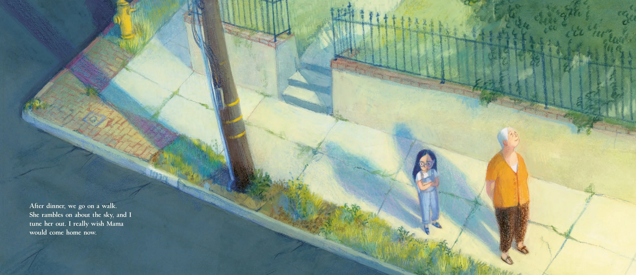 A watercolor illustration of two people walking on a sidewalk next to a grass yard enclosed by a metal fence, seen from above. The scene includes a man with gray hair and glasses wearing an orange shirt, and a young girl with dark hair and glasses we