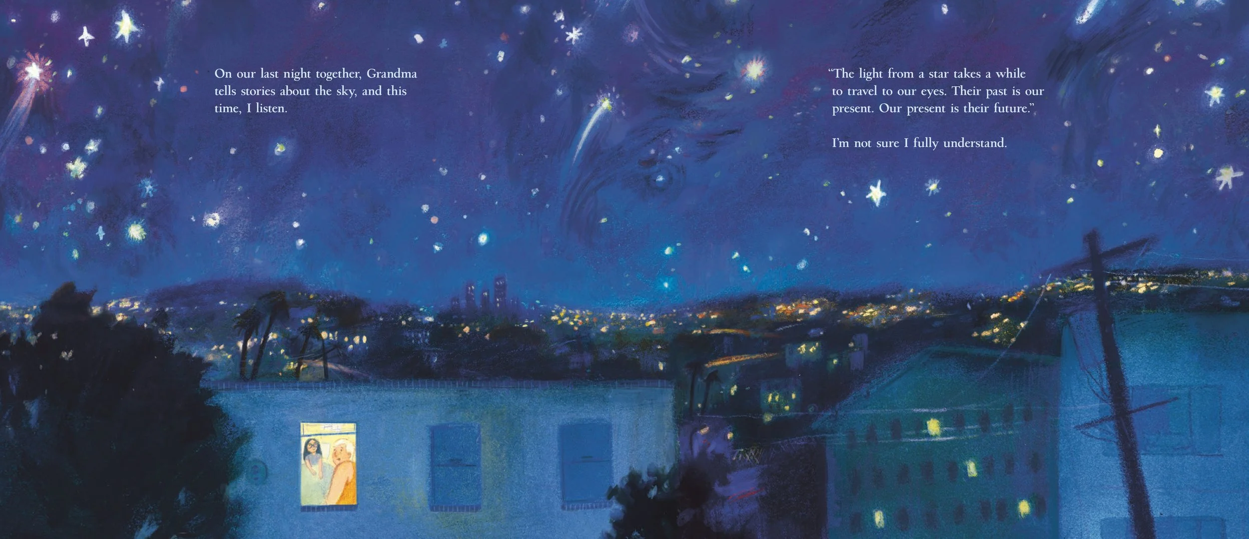 A colorful illustration of a night sky filled with stars, constellations, and swirling patterns above a cityscape with buildings and trees. There are two windows at the bottom showing a woman and a dog.