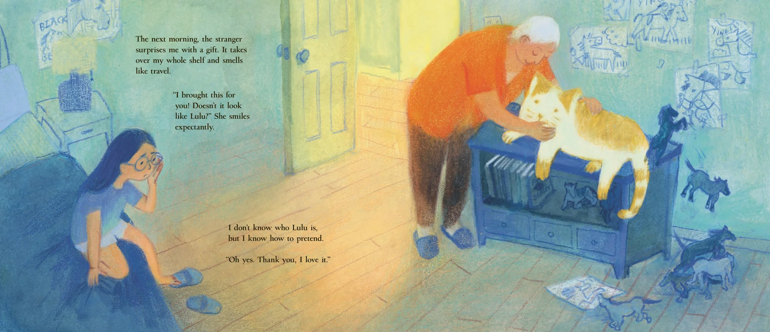 An elderly person and a young girl are in a room, with the elderly person showing a cat to the girl on top of a blue cabinet. The room has blue walls decorated with drawings of animals, and the girl is sitting on the floor with her hand over her mout