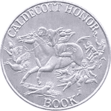 A silver or metallic coin with a central image of a dragon or mythical creature, surrounded by the text 'Calilecott Honor Book'.