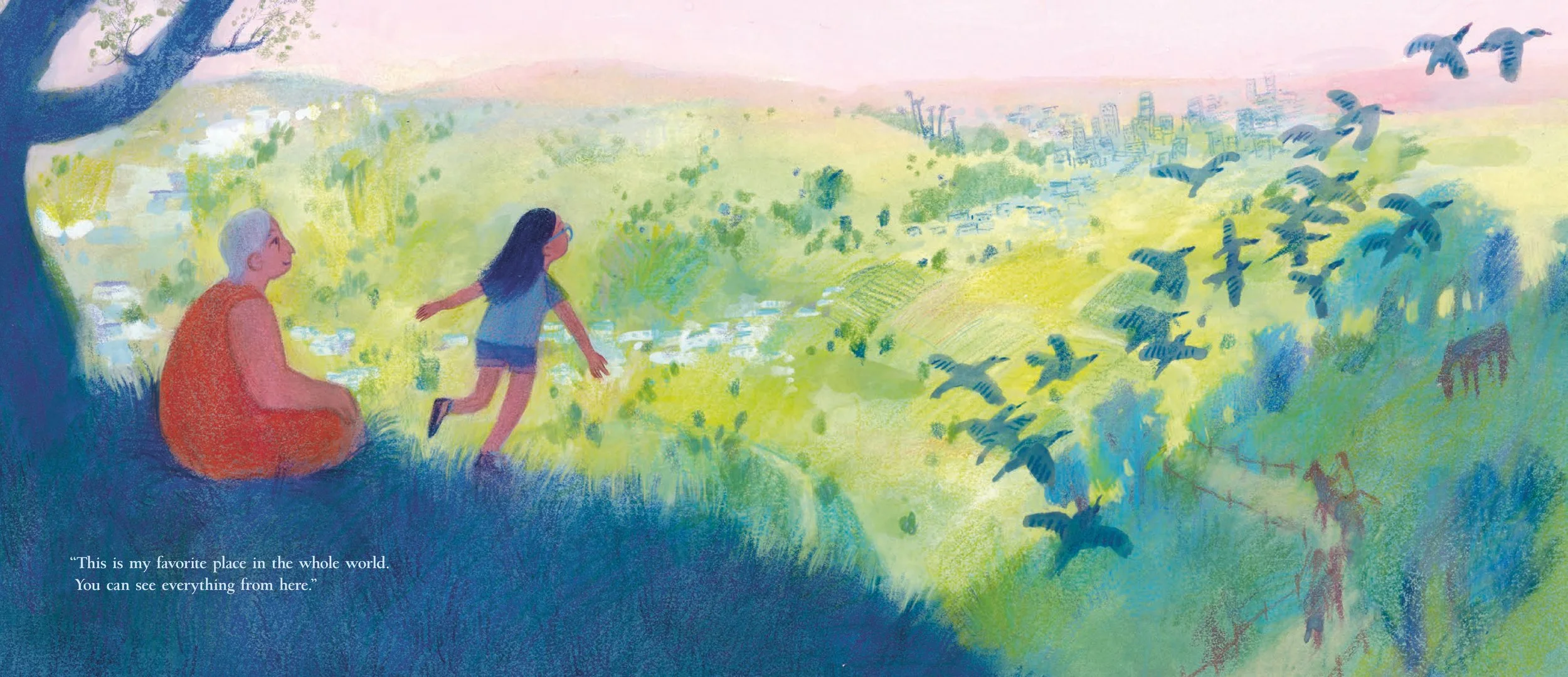 A watercolor illustration of a woman sitting under a tree and a girl running toward a lush green landscape with birds flying overhead and city buildings in the background. A quote at the bottom reads, 'This is my favorite place in the whole world. Yo