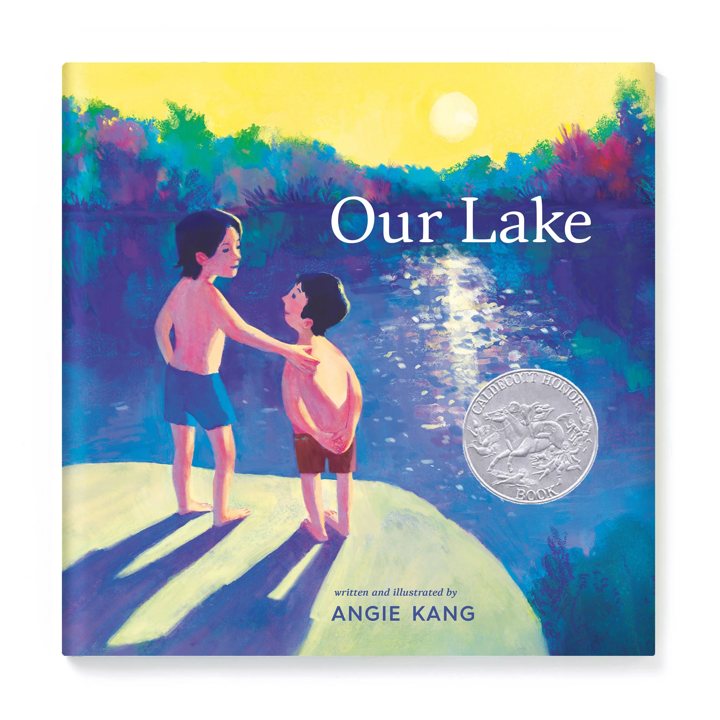 Children by a lake during sunset, with trees and the moon in the sky, book cover titled 'Our Lake' by Angie Kang.