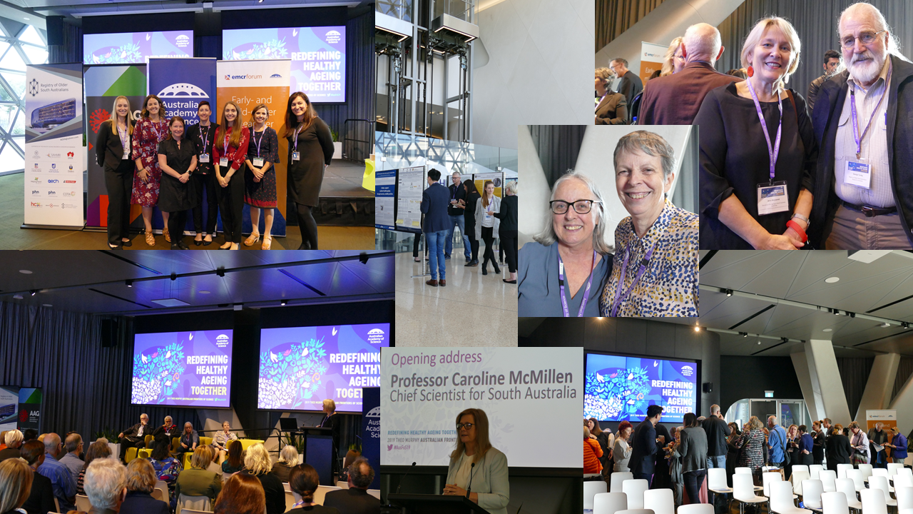 Collage of photos from the “Redefining Healthy Ageing Together” symposium. SAHMRI. April 2019.