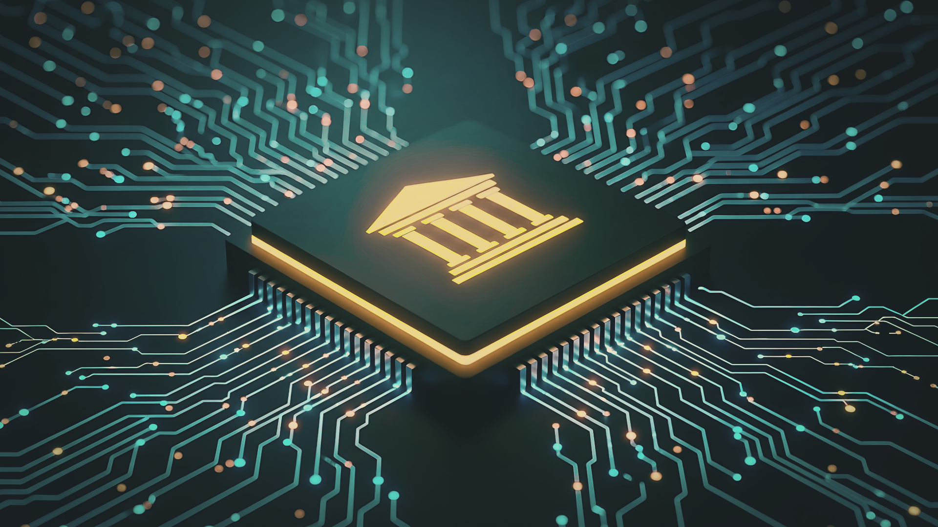 A digital illustration of a microchip with a parliament building icon glowing in the center, surrounded by interconnected circuit lines suggesting technology and digital networks.