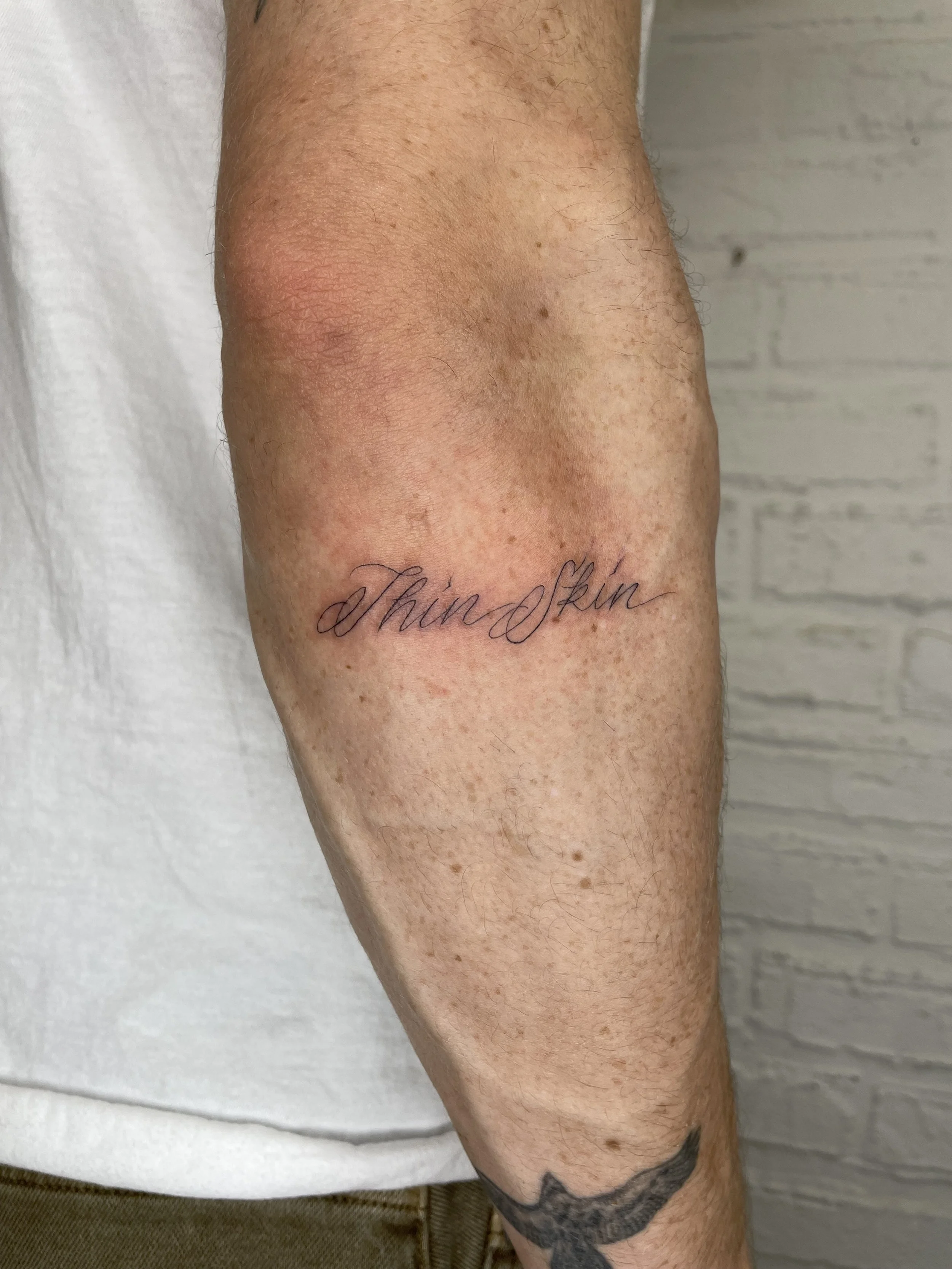 thin skin script tattoo on thomas doherty