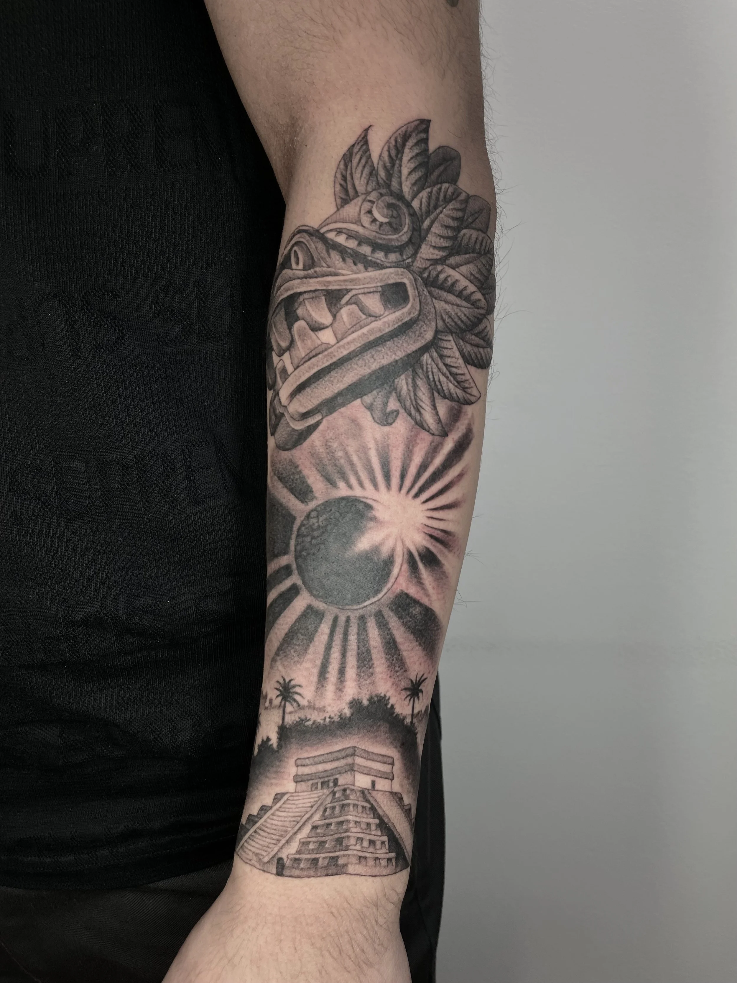 aztec sleeve black and grey tattoo