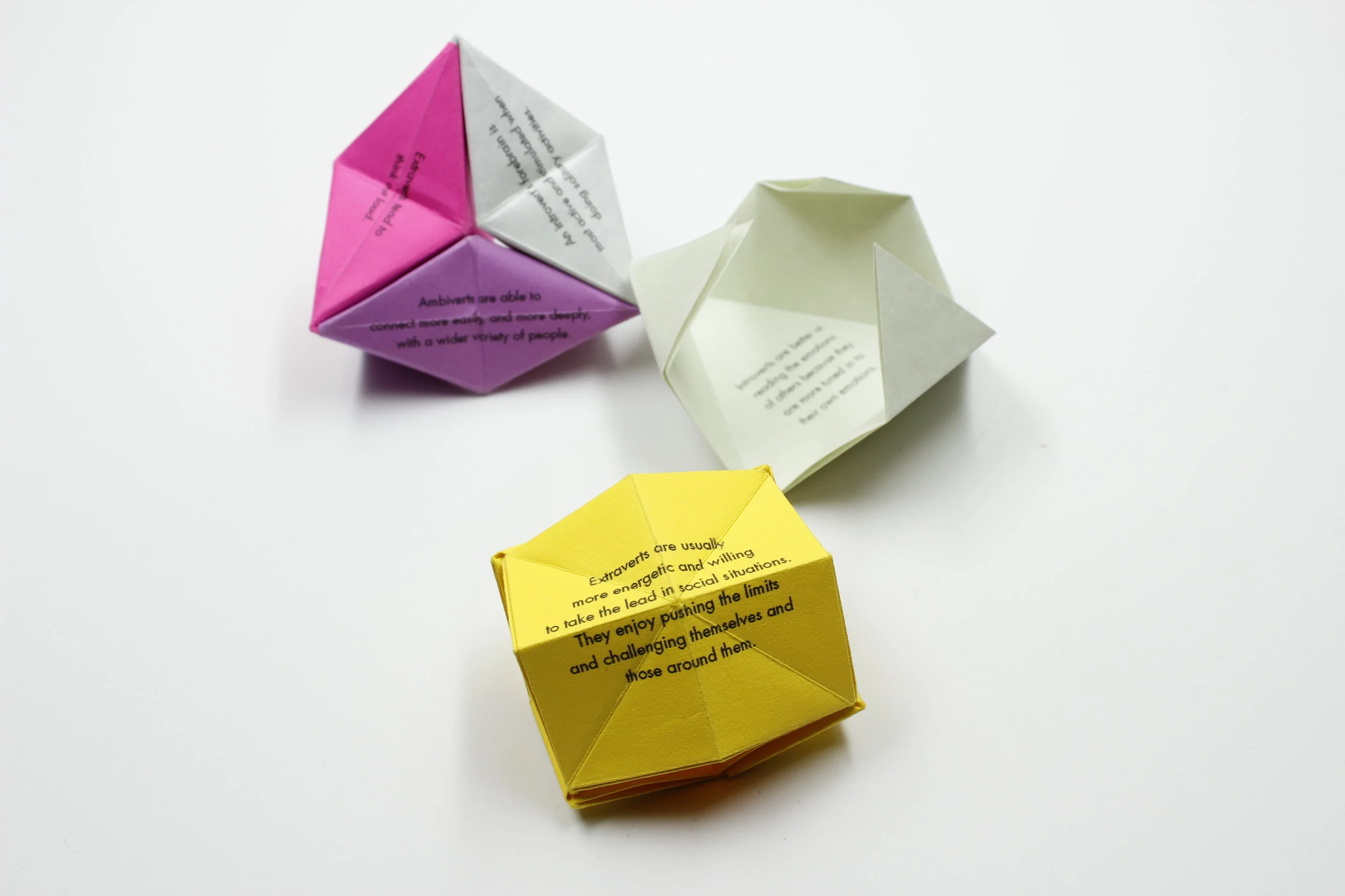  The project addresses the different aspects of these social personalities and gives them a visual form that says: this looks like introvert/ambivert/extrovert, through its use of colour and form.   This creates a greater understanding of the persona