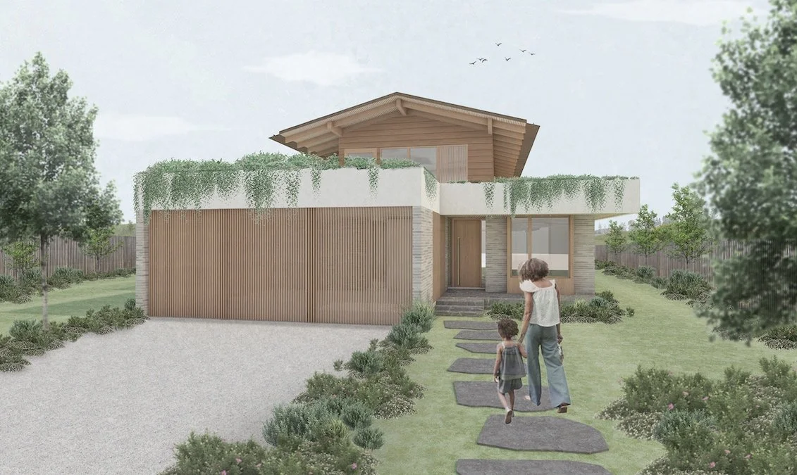 Sketch of a modern two-story house with wood and white exterior, large front window, and a garage with vertical wood paneling. A woman and a child walk along a stepping stone pathway leading to the front door surrounded by greenery and trees.