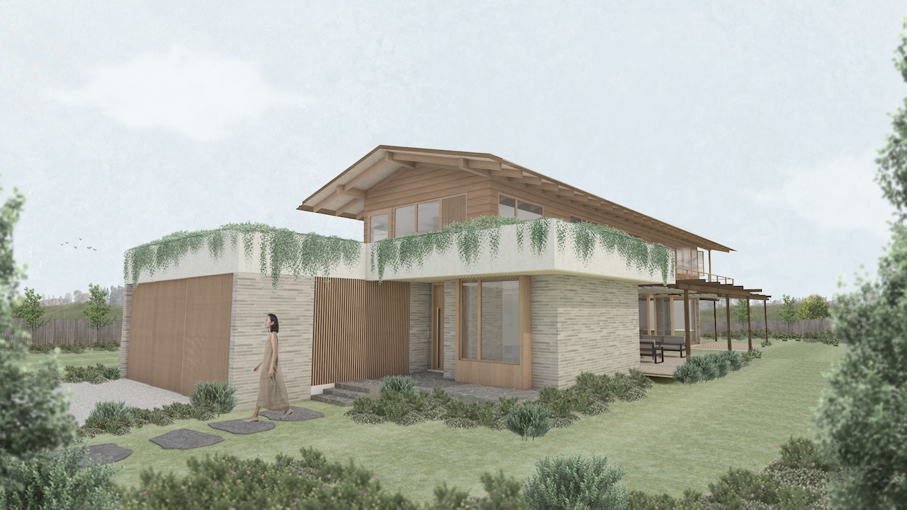 A modern two-story house with a wooden roof, stone and wood exterior, and a large balcony surrounded by greenery.