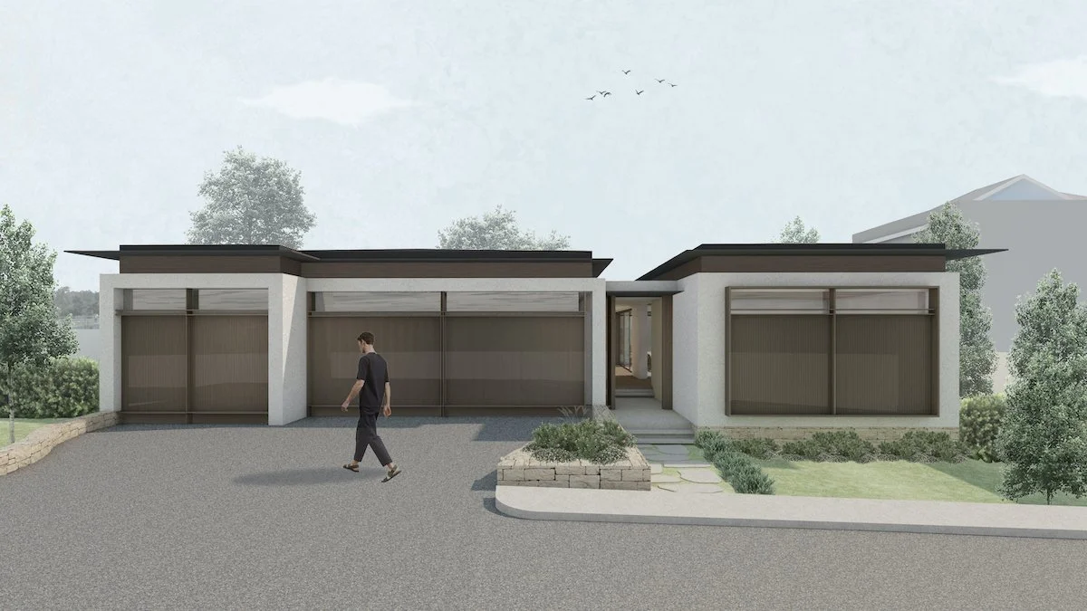 A modern single-story house with a flat roof, large garage doors, and a small front yard with plants and a stone pathway, with a person walking in front. Mosman