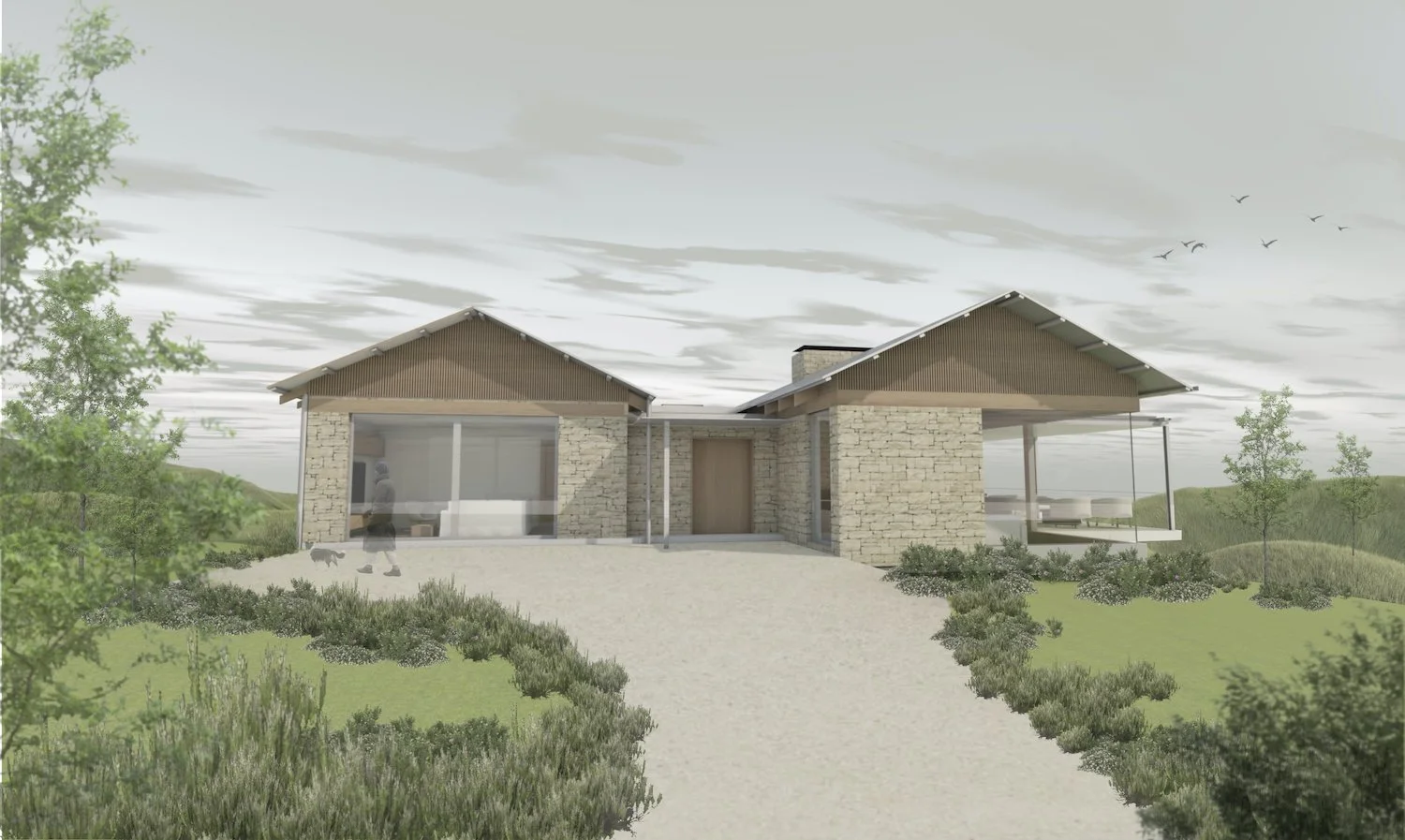 Architectural rendering of a modern, single-story house with stone and wood exterior, surrounded by landscaped greenery and a gravel pathway