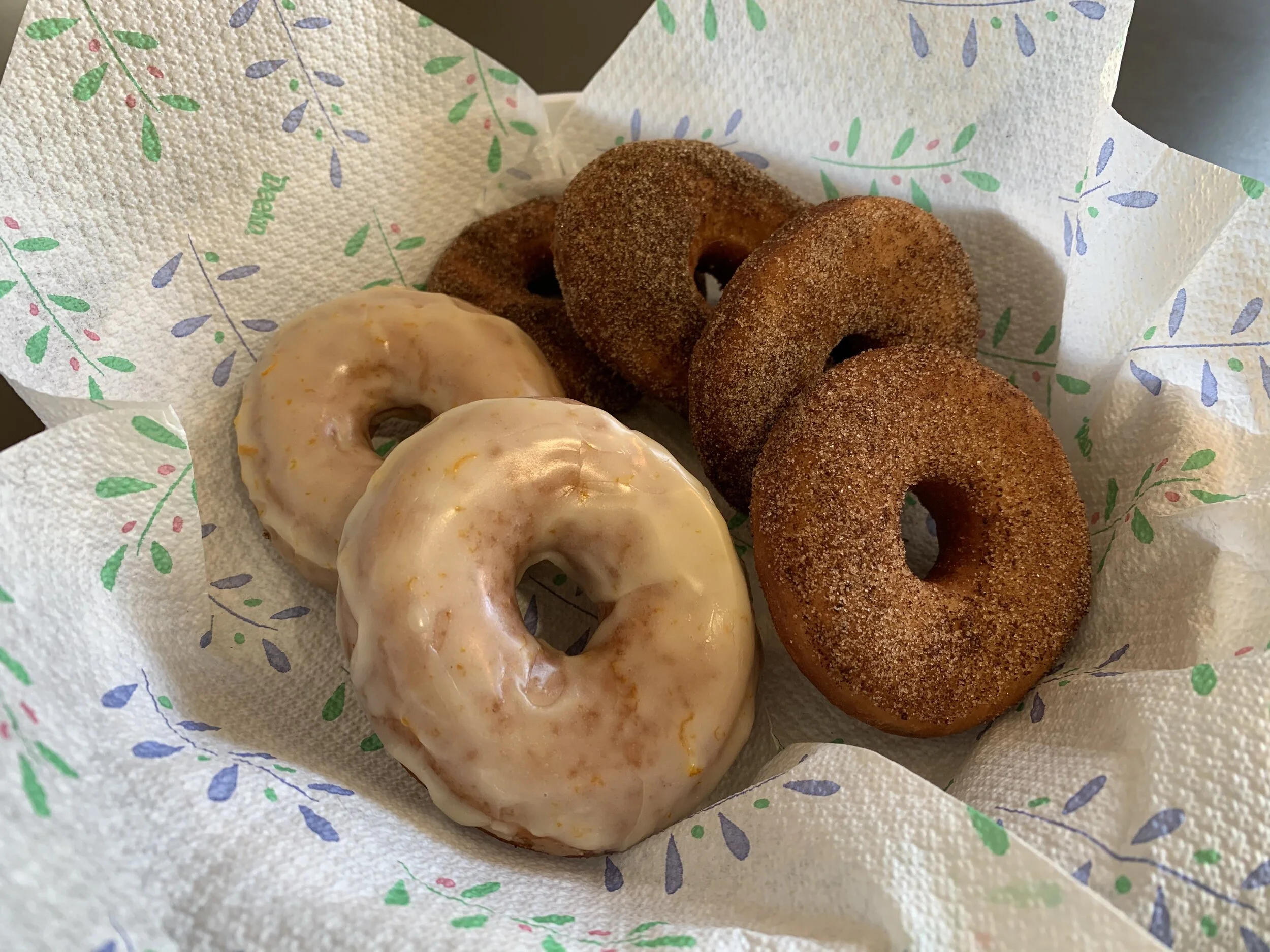 Cinnamon sugar or whiskey, orange glaze doughnuts