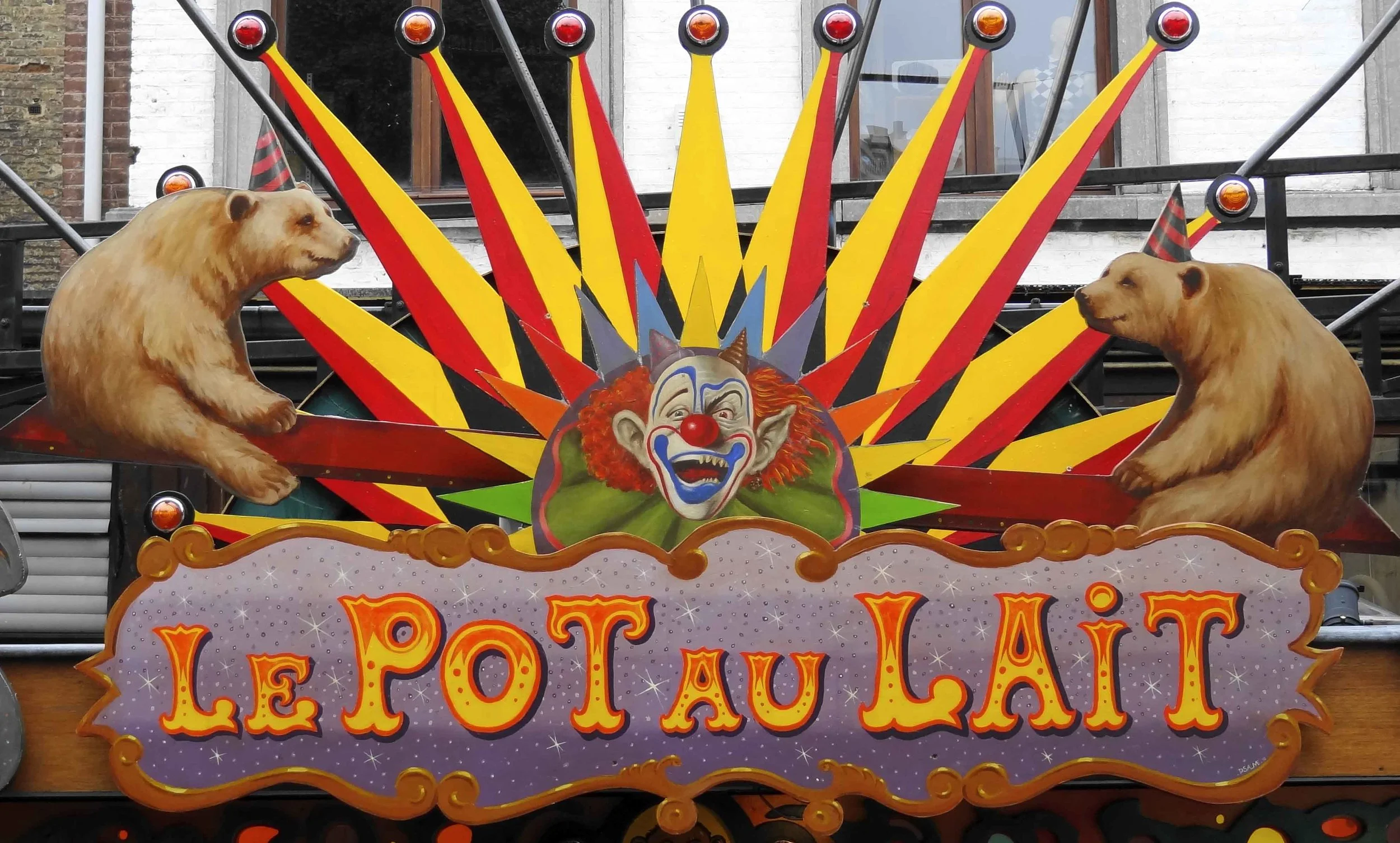  Signboard (center with animated bears) “Pot au Lait” bar Liège Belgium 