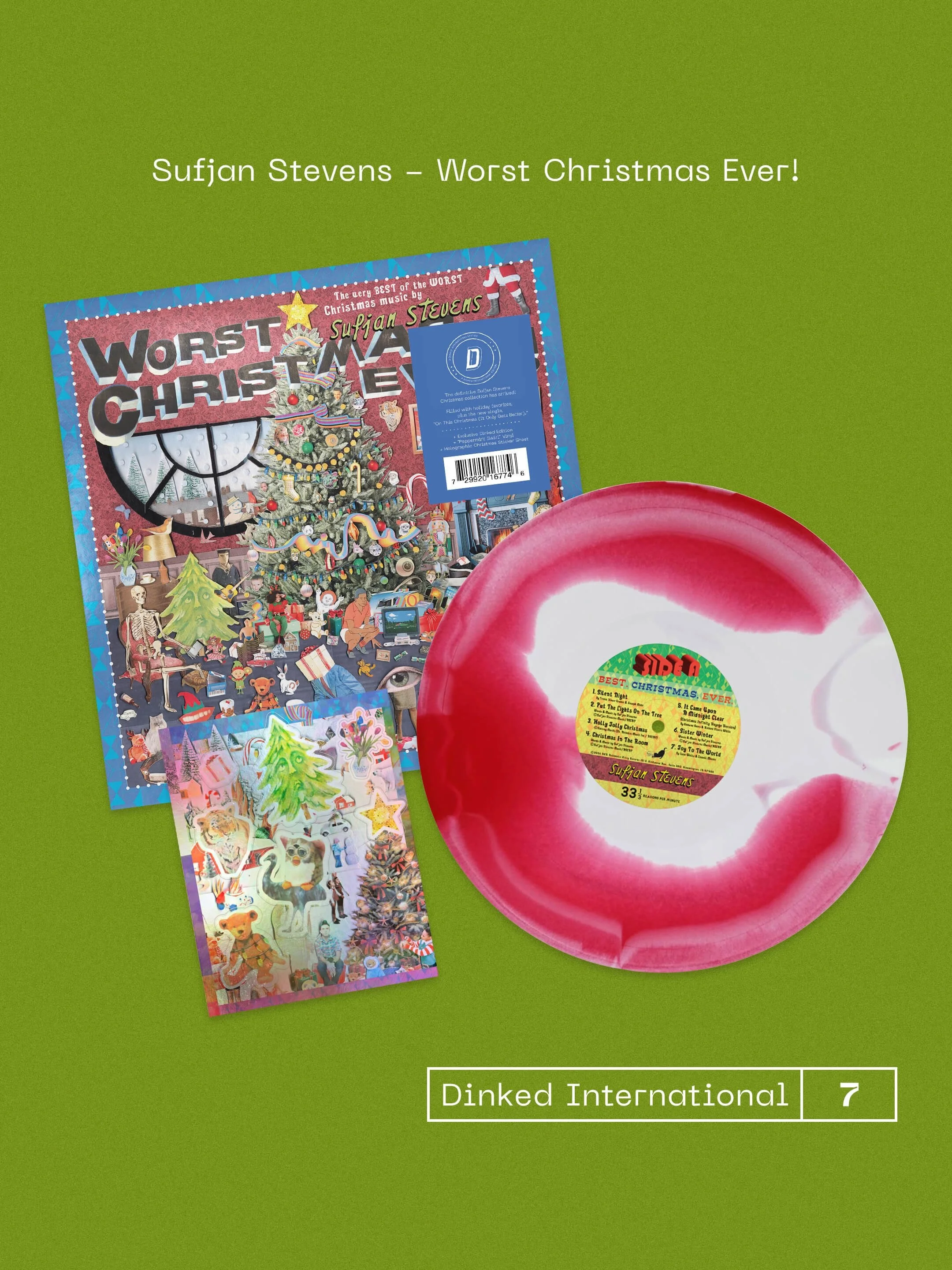 For our 7th Dinked International Edition, we celebrate&nbsp;Sufjan Stevens&rsquo; Worst Christmas Ever!

Pressed exclusively&nbsp;on &ldquo;Peppermint Swirl&rdquo; colour vinyl,&nbsp;Worst Christmas Ever! compiles a single-album set from&nbsp;@sufjan