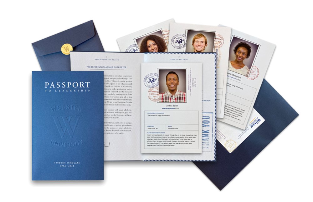  Donor direct mailer. Each brochure highlights the student(s) directly impacted by the donor’s gift.  Variable printing allowed for copy and graphics to dynamically change, while individual head shots were physically adhered to each insert. 