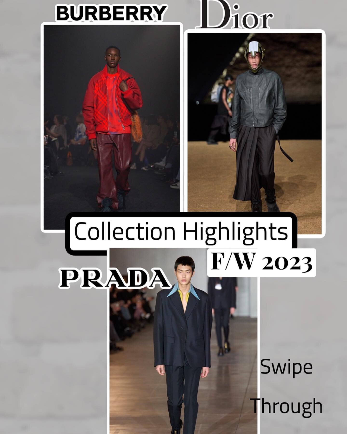 Prada, Burberry, &amp; Dior F/W 2023 Collection Highlights. From The Dior show in Egypt that looked straight out of Dune, to Burberrys new creative head Daniel lee, and Prada with Rafs refined high-cut tight trousers, oversized jackets, and collars.
