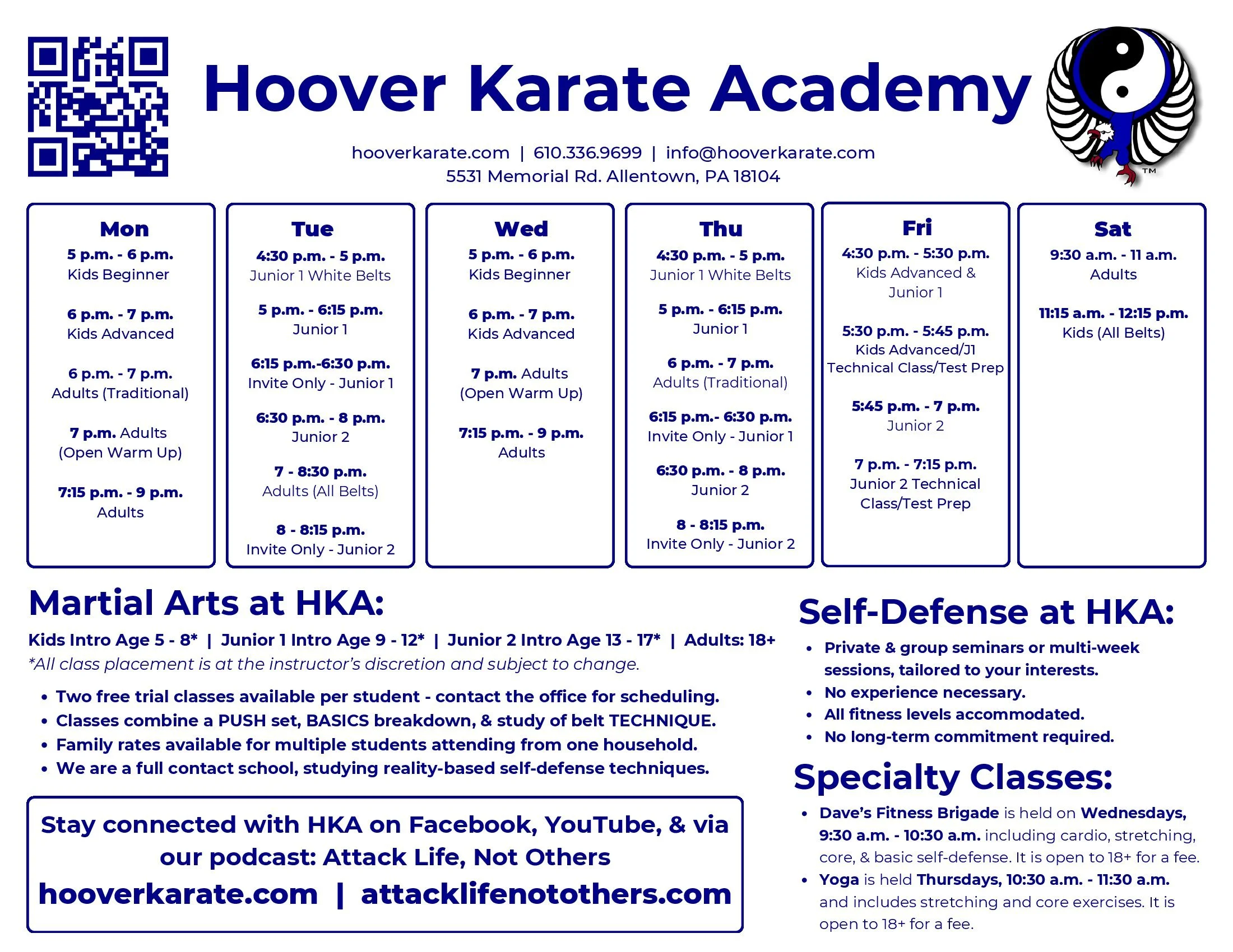 Hoover Karate Class Schedule Calendar
