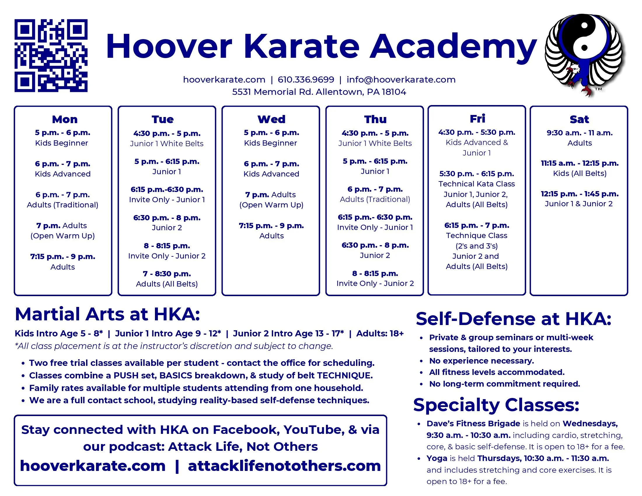 Hoover Karate Class Schedule Calendar