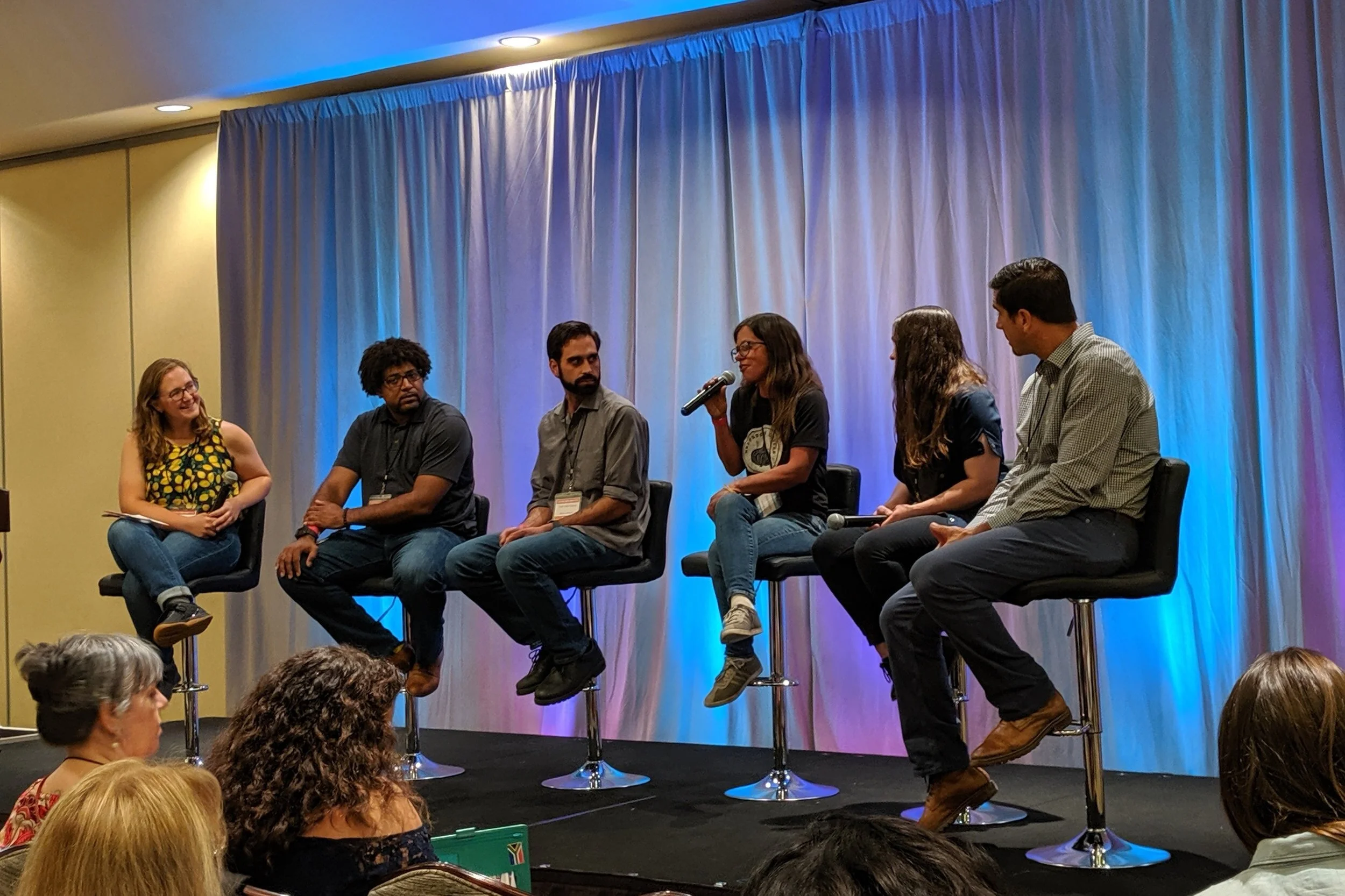 From left to right: Kate Radosevic of Local First Arizona Foundation, Stephen Jones of the larder + the delta, John Panza of BiGA by SENSES, Shanti Rade of Whipstone Farm, Tamara Stanger of Cotton & Copper, and Todd Hanley of Hotel Congress and Maynards Market & Kitchen.