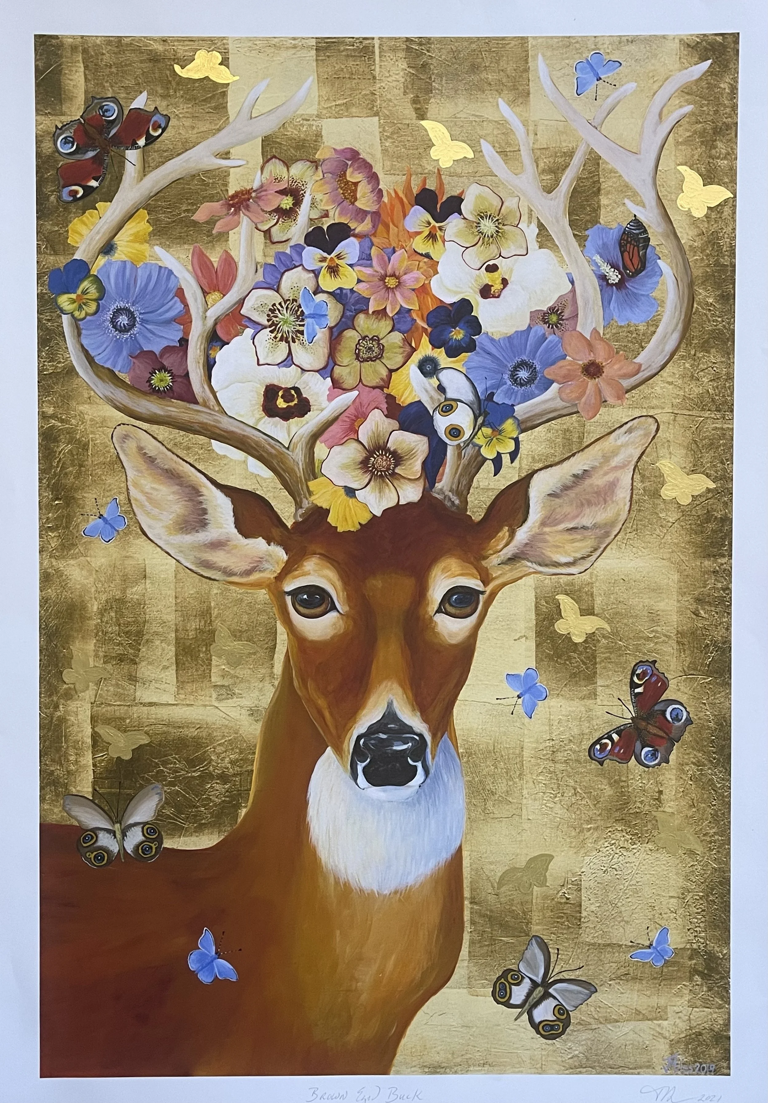 Brown Eyed Buck Print w/ hand embellished 23 KT gold