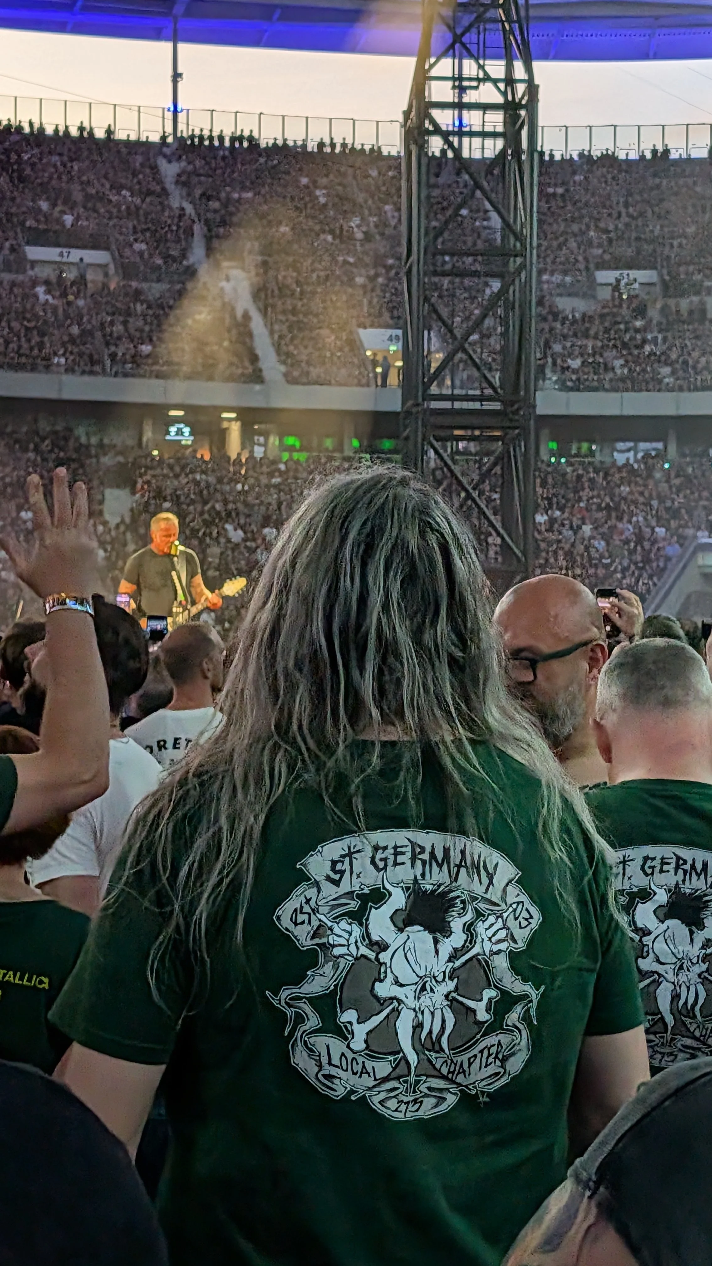 Crowd at a concert or music festival with musician on stage performing. A person with long hair and a green shirt with a gothic logo is visible in the foreground, and the stage is lit with colorful lights.