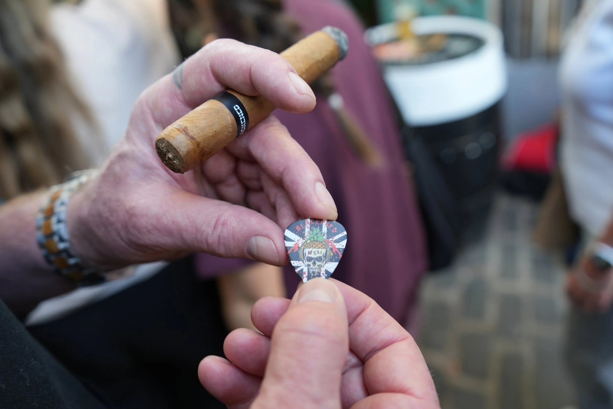 Close-up of a hand holding a cigar, and another hand holding a guitar pick with a skull and pineapple design.