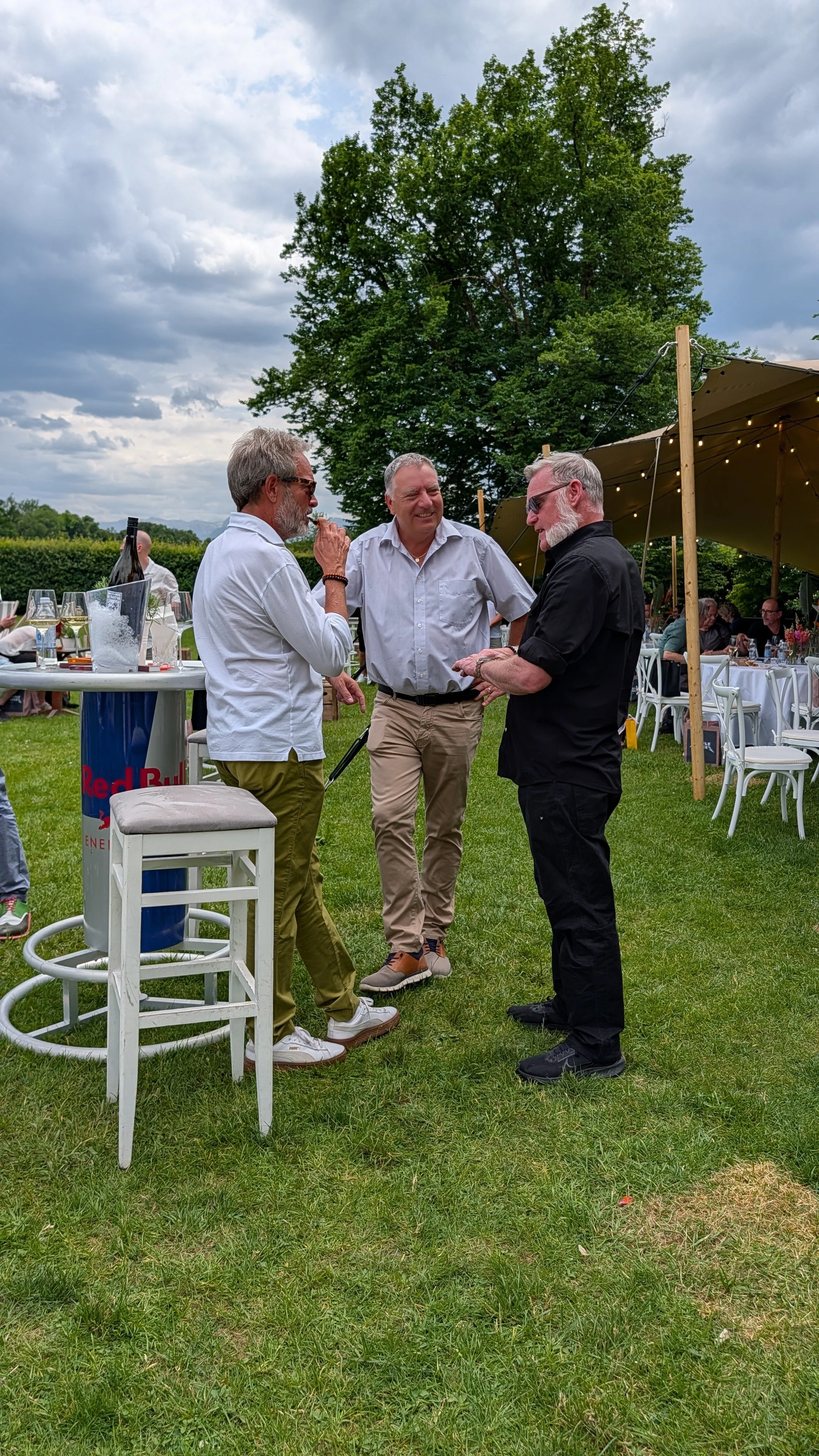 Three men are standing outdoors on a grassy area, engaged in a conversation. They are near a table with drinks and a large tree and clouds above in the background, with additional people and tables visible under a canopy nearby.