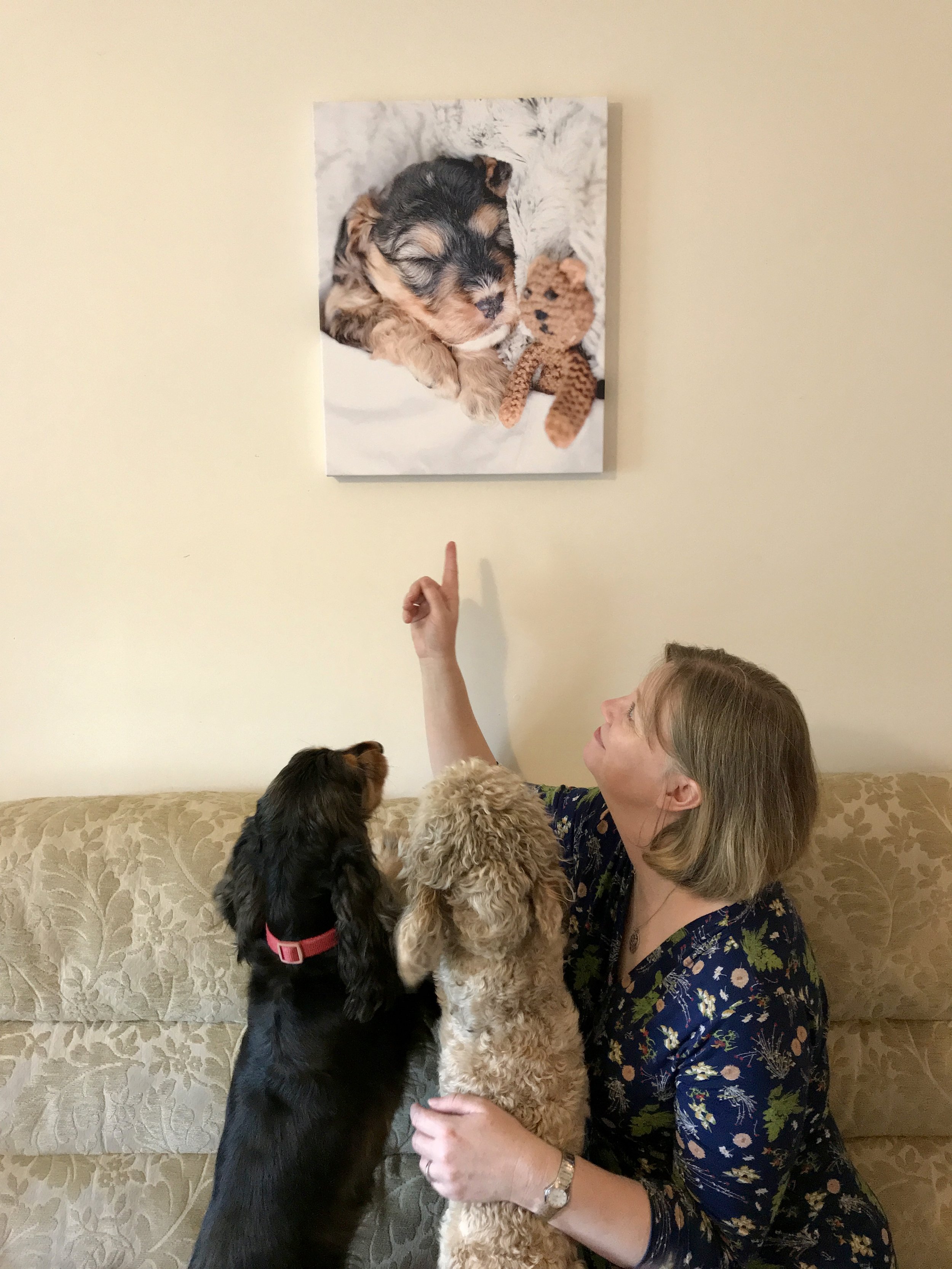 Grace, Jolene and Lydia admire Mark’s handiwork - mounting the print on the wall using the mounting kit provided. Who’s a good boy!