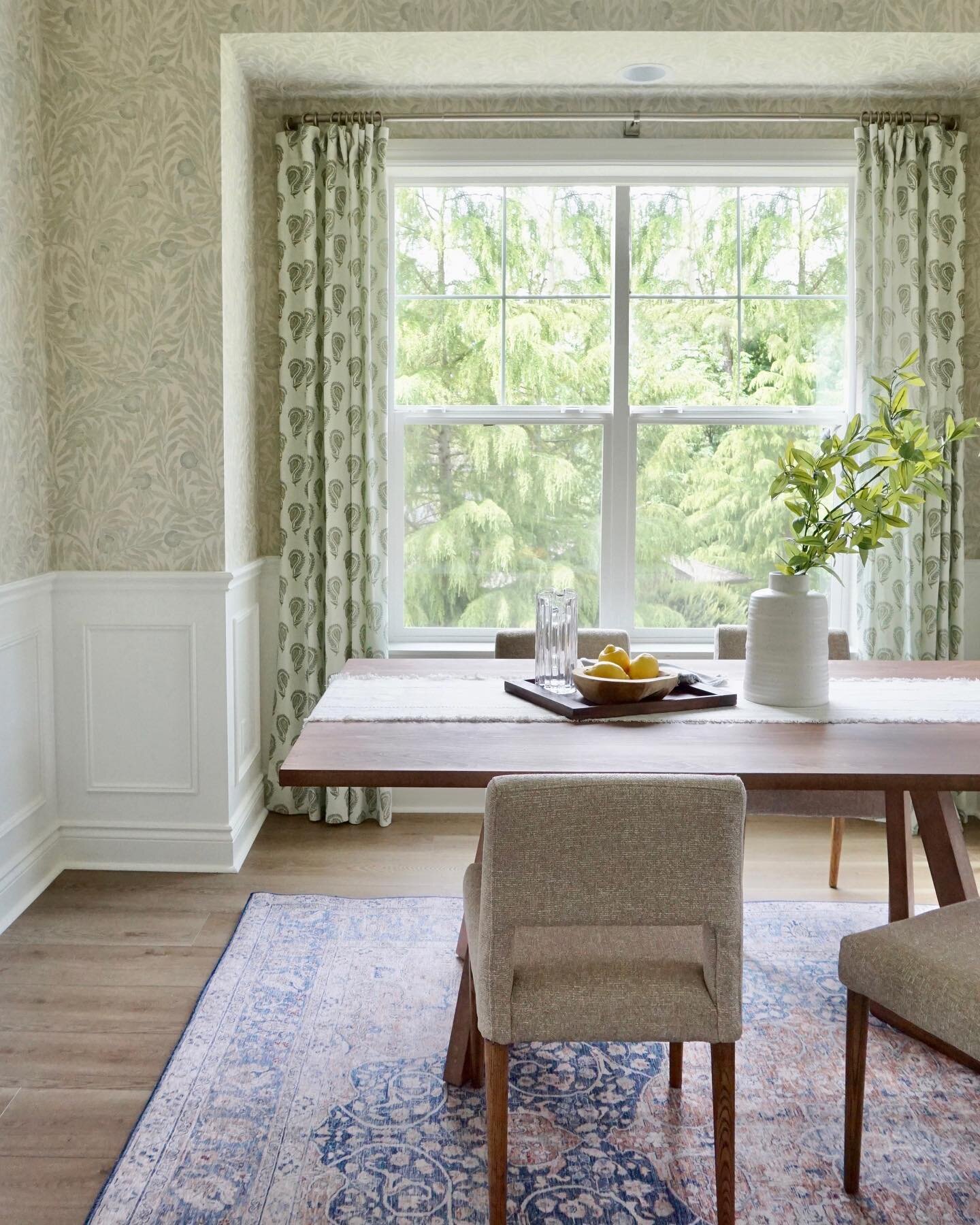 We&rsquo;re excited to share the dining room of our newest project today! The mix of pattern with neutral furnishings creates a timeless space, with personality, to gather at for years to come. Swipe for the before ✨