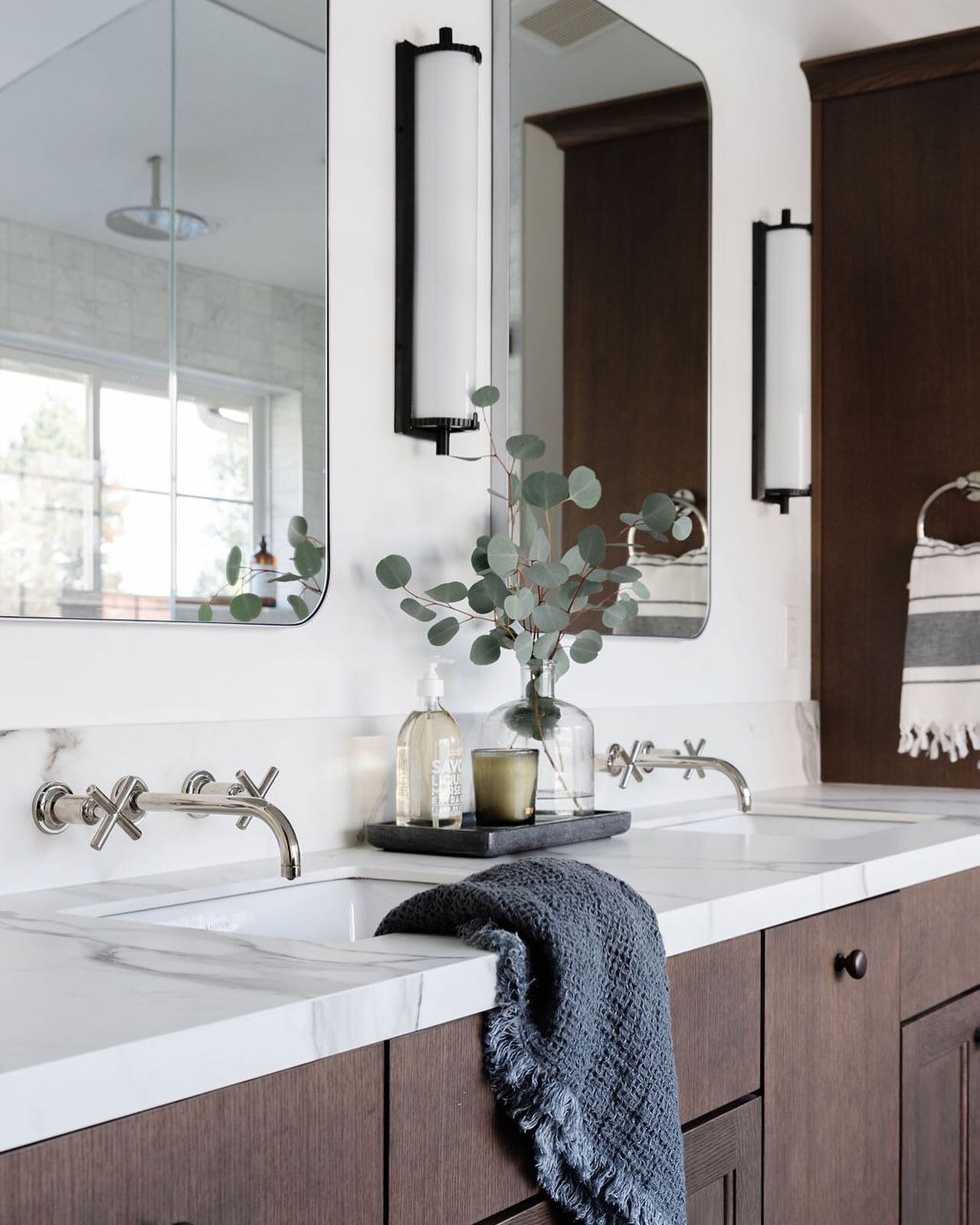 A fresh view of our Lockhaven bathroom remodel &mdash; using a wall-mounted faucet adds a streamlined design element and they&rsquo;re also easier to clean! 📸: @emilykennedyphoto
