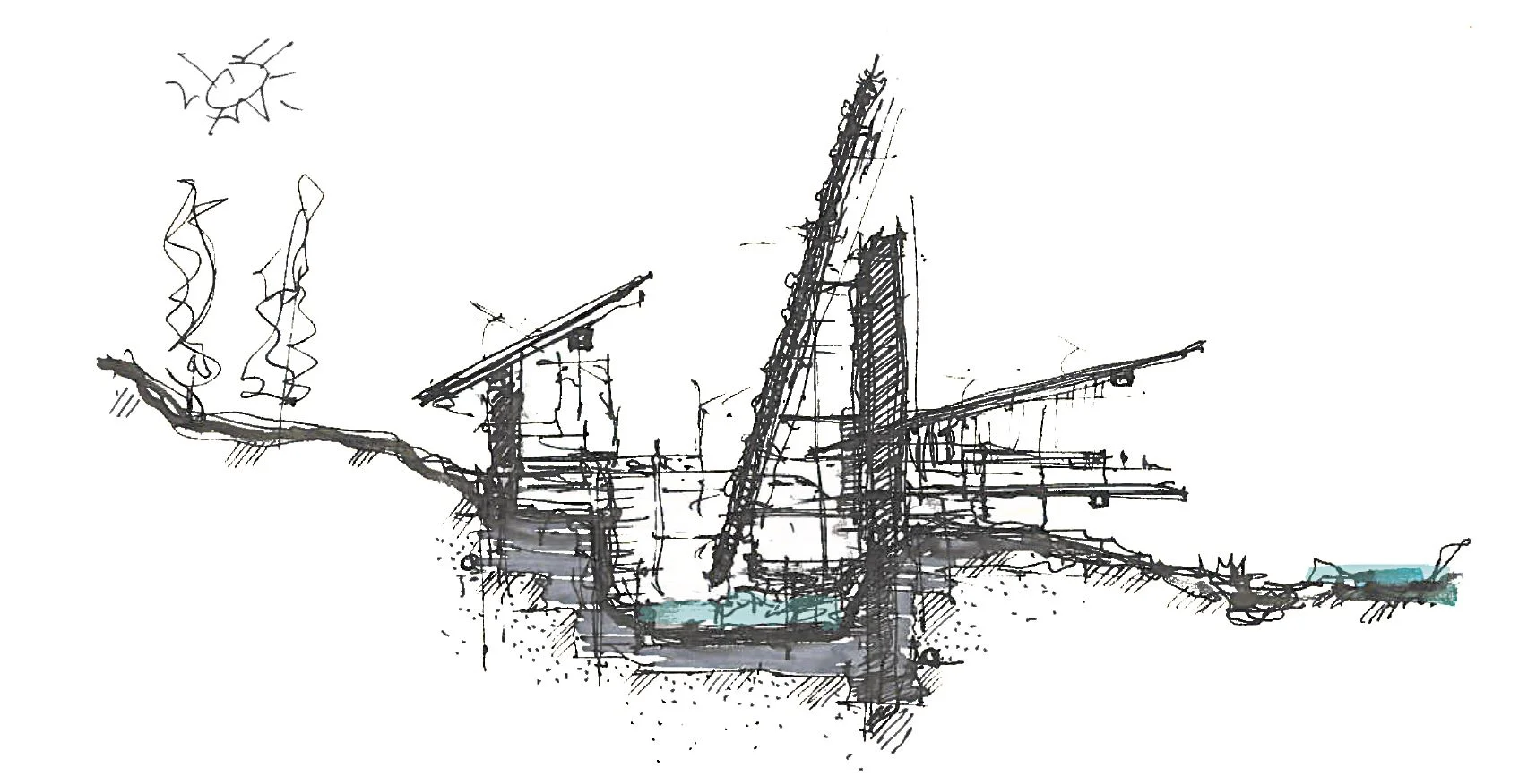  Sketch Section  The Lodge is not just a weekend getaway, but a place to help you find who you are. The design stems from the importance of orientation not only for a sustainability approach but also a holistic one. These orientation “devices” allow 