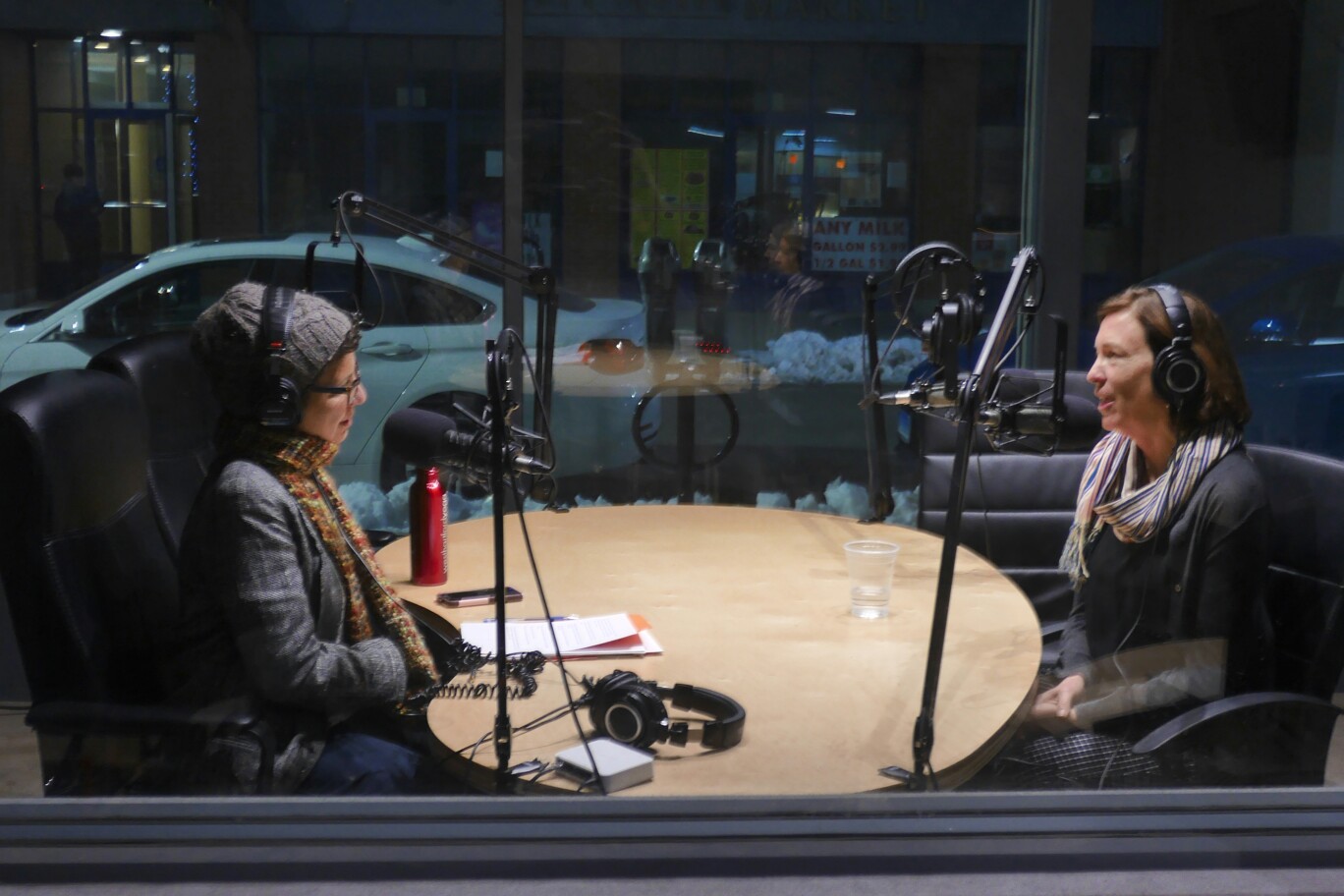 Host Andrea Muraskin and guest Joan Combellick recording at Baobab Tree Studios in New Haven, CT