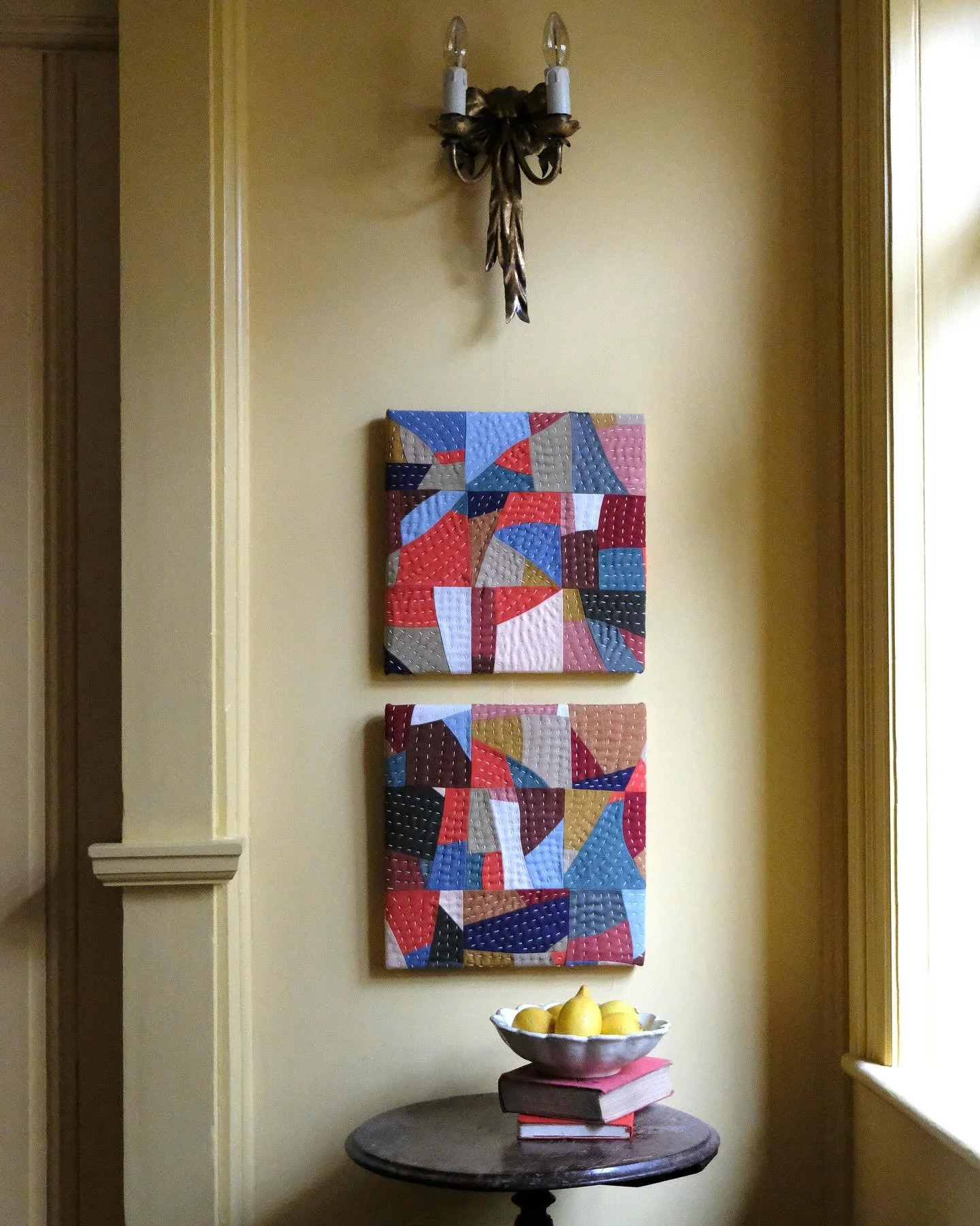 I am so excited to have finished these two pieces. Over the last year I&rsquo;ve been trying out some new patchwork techniques and this pair are by far the most complex and ambitious. I&rsquo;ve added all-over dense stitching which follows the patchw