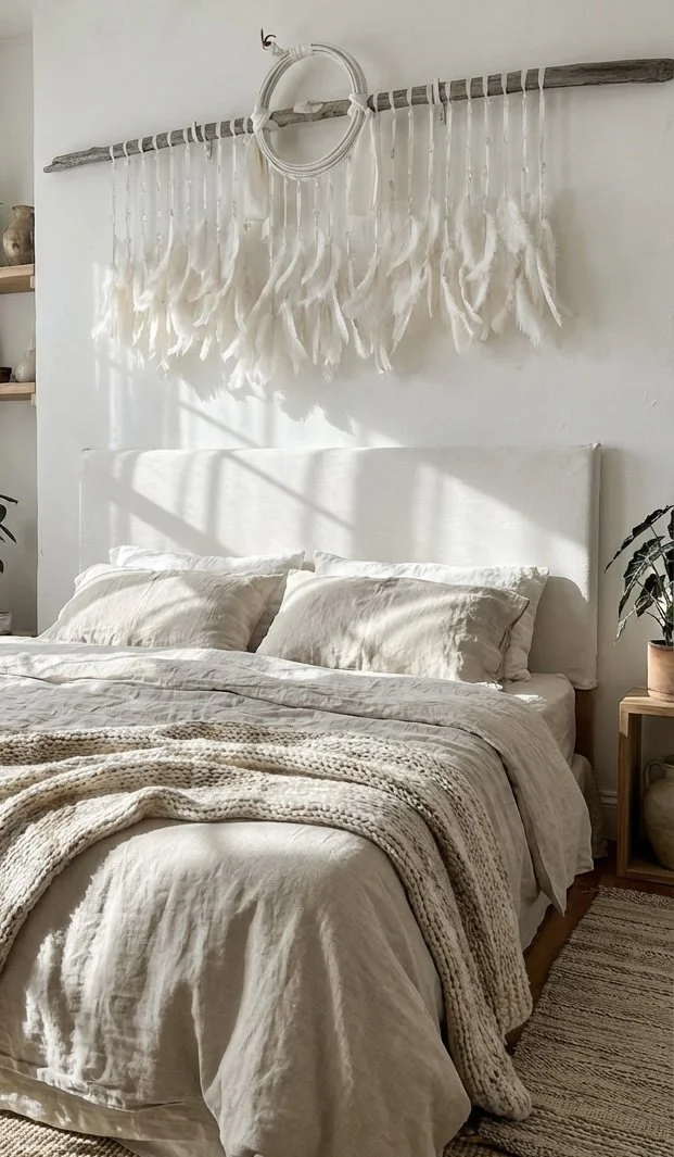 A cozy bedroom with a white bed, beige pillows, and a chunky knit blanket. A wooden shelf with pottery and a potted plant are visible, with sunlight casting shadows on the wall. A decorative wall hanging made of white feathers and a circular ring is 