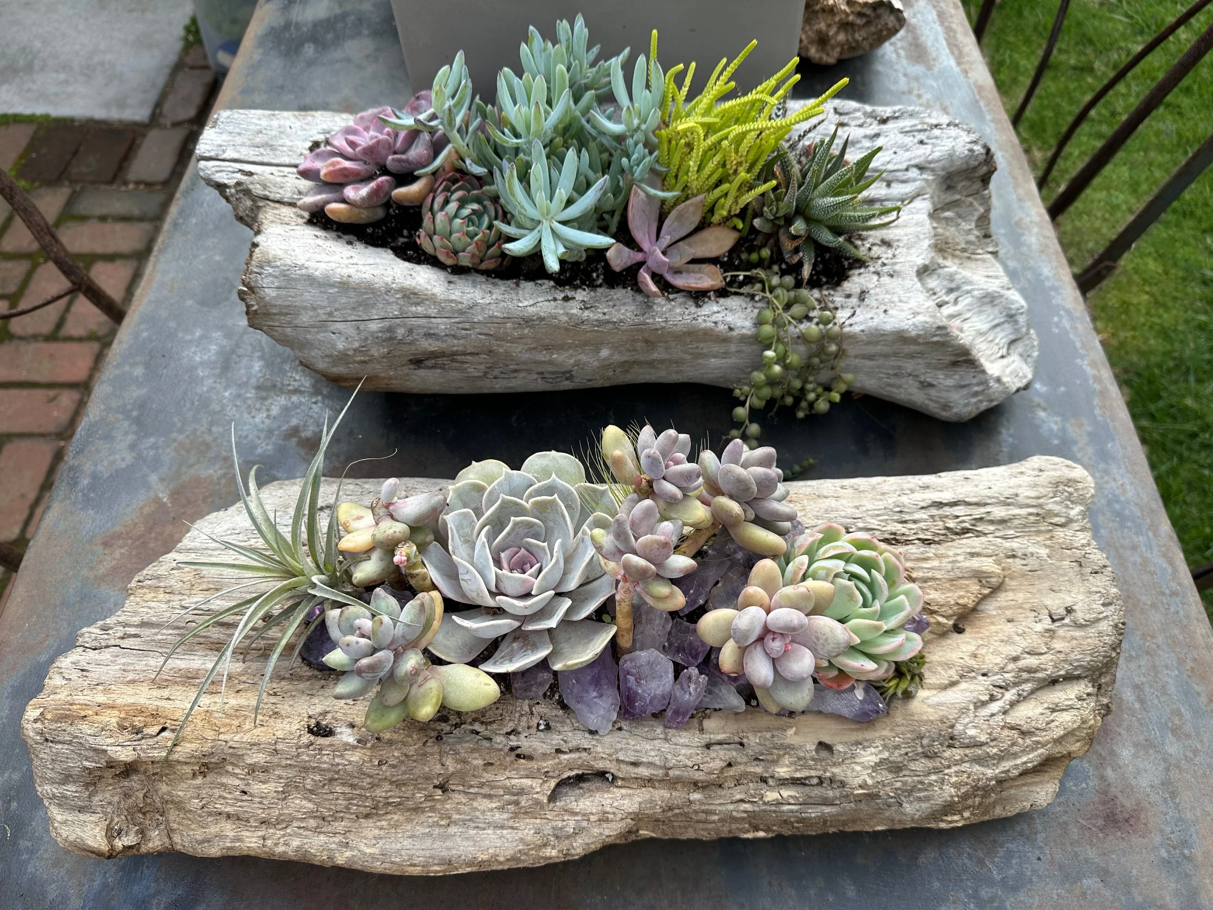 A rectangular wooden planter filled with a variety of colorful succulents, placed on a surface outdoors.