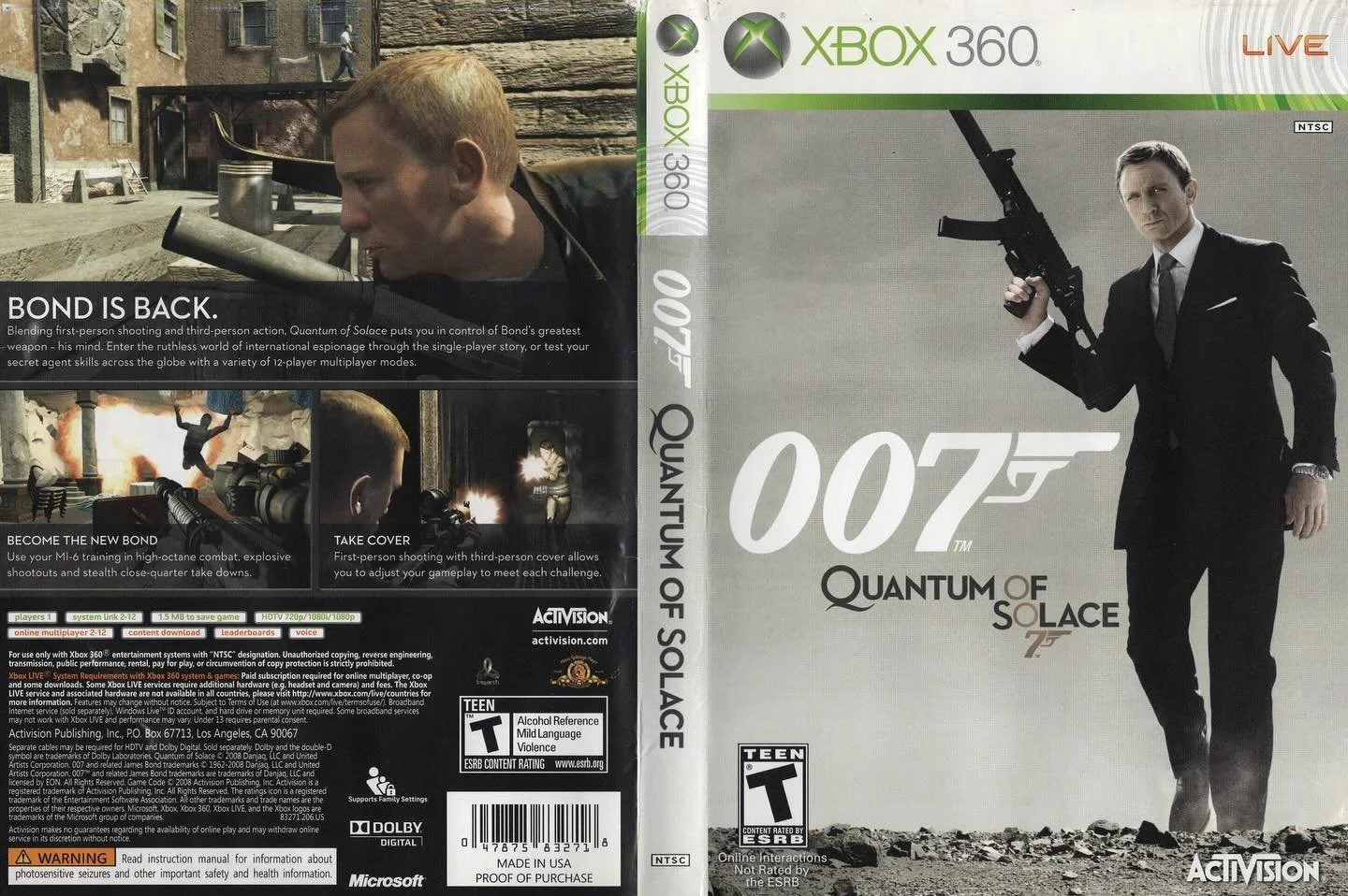 007: Quantum of Solace (Xbox 360) developed by Treyarch and published by Activision 

#007jamesbond #quantumofsolace #treyarchgaming #activision #xbox360 #xbox360games #xboxgamer #videogameboxart #gamecover #retrovideogames #gamecollector #videogamec