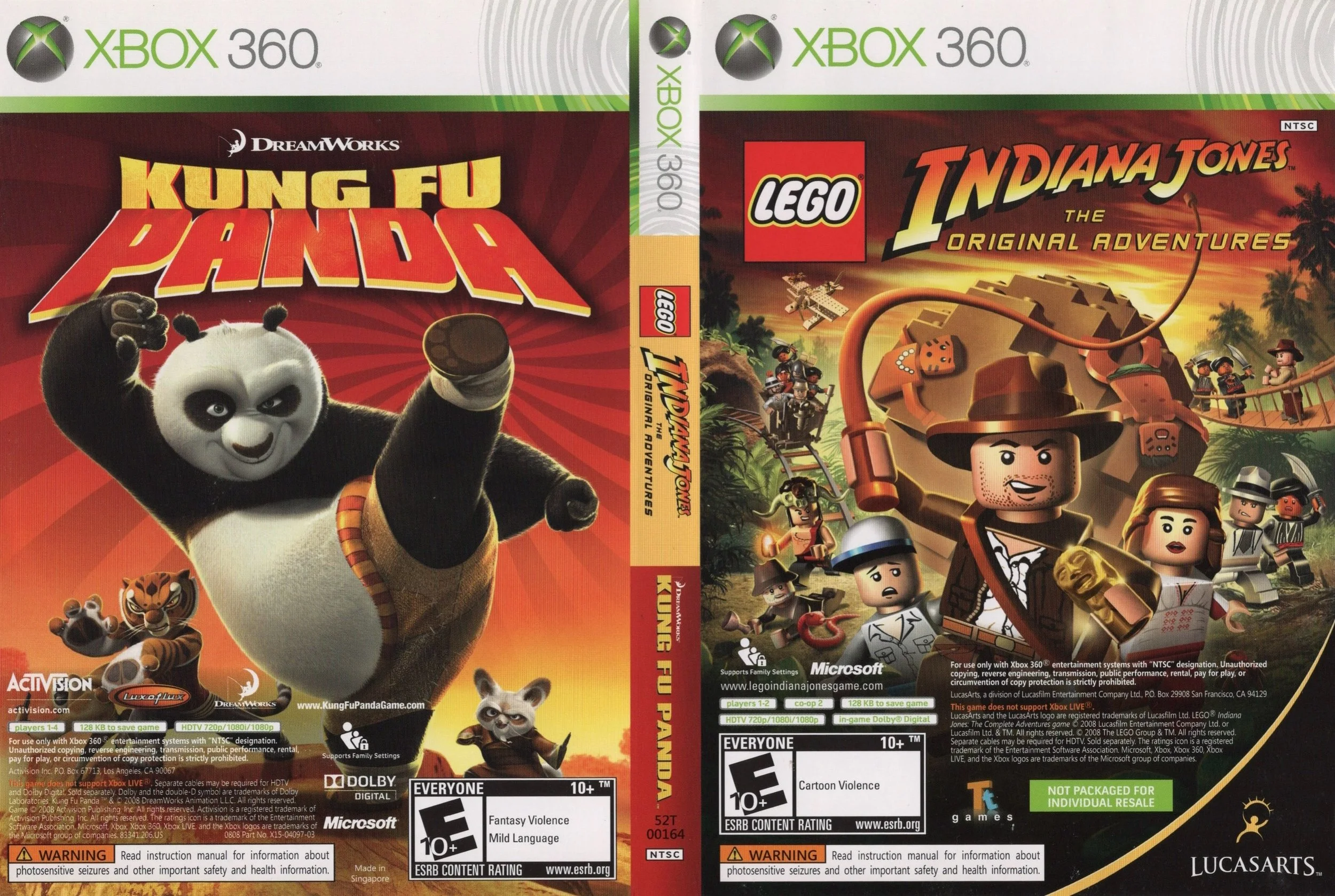 Kung Fu Panda &amp; Lego Indiana Jones: The Original Adventures (Xbox 360)

Kung Fu Panda developed by Luxoflux and published by Activision

Lego Indiana Jones: The Original Adventures developed by Traveller&rsquo;s Tales and published by LucasArts

