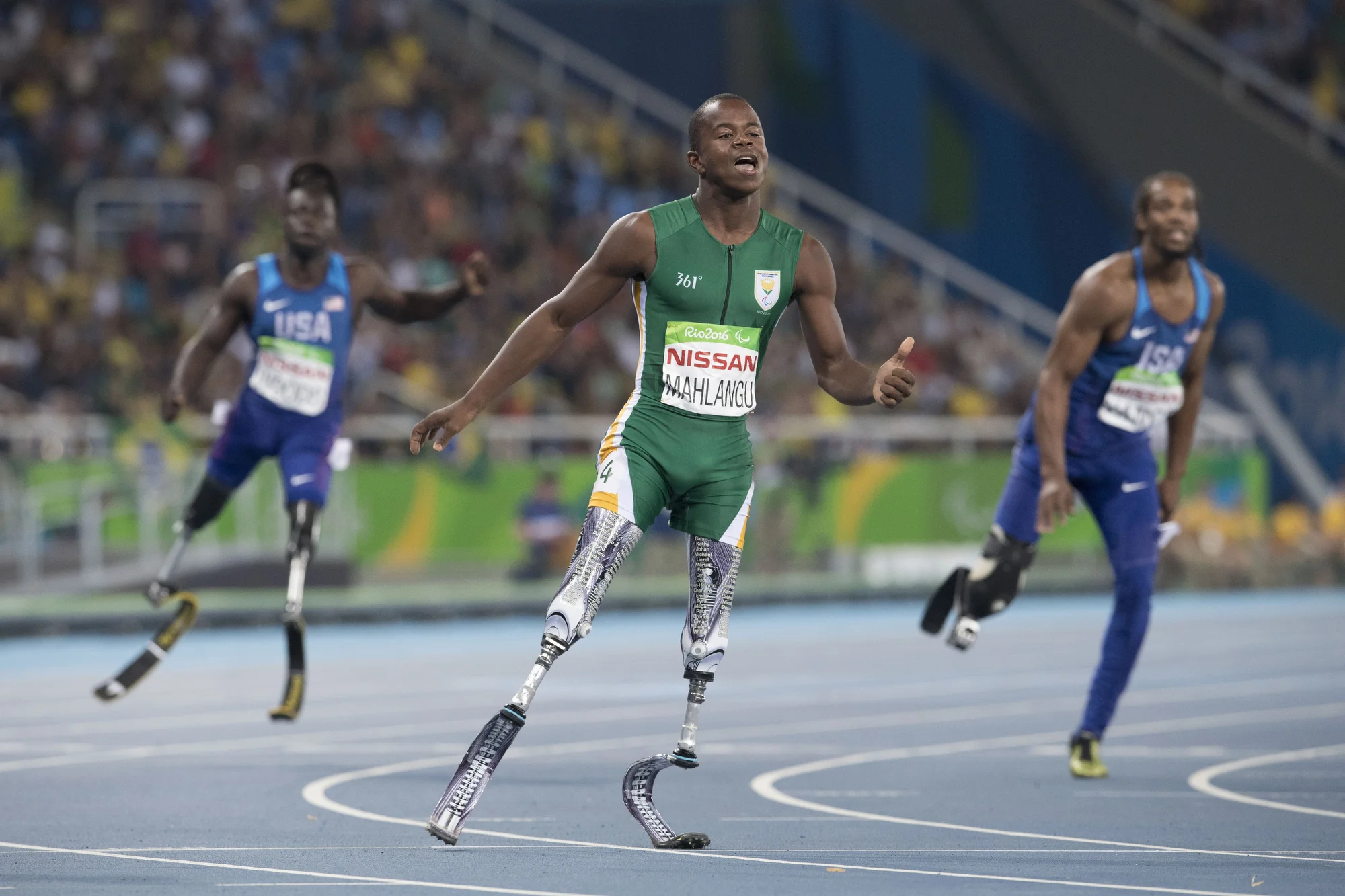 South Africa's Ntando Mahlangu (14) 200m T42