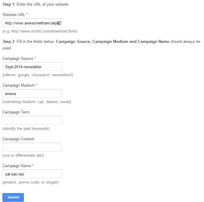 Google URL builder - example entries
