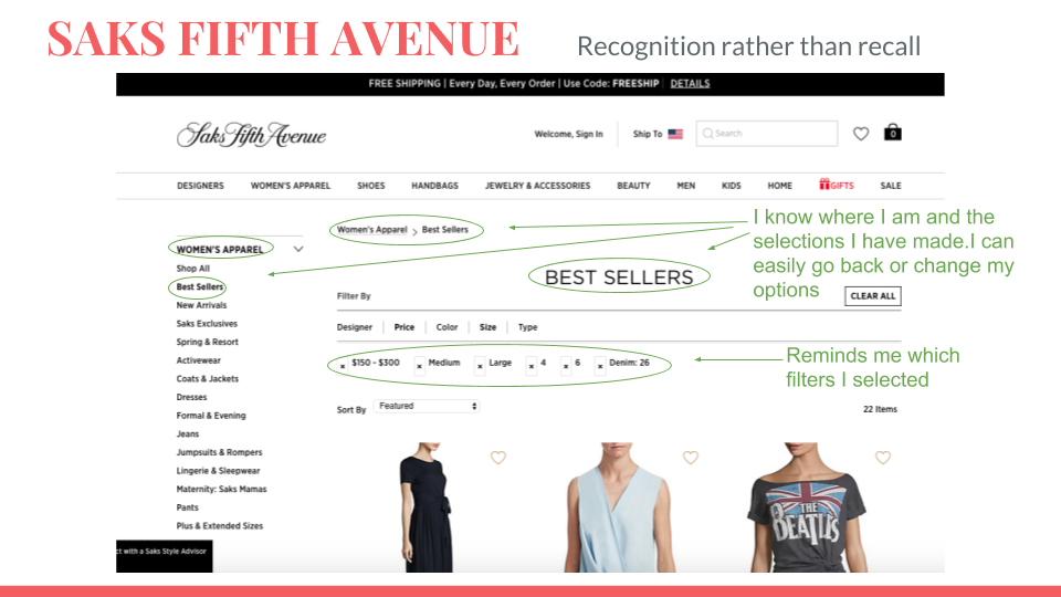 Saks has an efficient and clear design with breadcrumbs that allow the user to always know where they are. Filter options can easily be changed. The website is chic and clean but could be considered intimidating and cold.