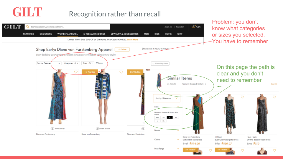 Gilt is inconsistent in its efficiency, it requires the user to remember their choices. The visual design is clear with bolding of important information and what would usually be considered the “small print,” which is important for an outlet type we…