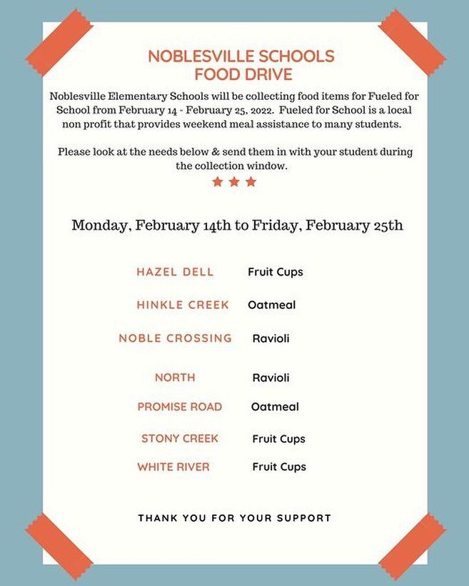 @noblesvilleschools is having a food drive for Fueled For School through February 25! 

*North Elementary School will be collecting food donations February 28 - March 4*

All of the food donated will be used in weekend meal packs for Noblesville chil