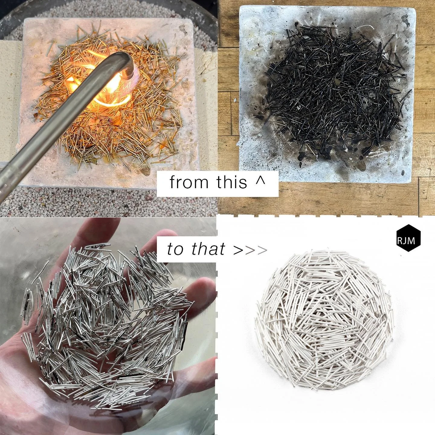 Pile Brooch, by 2023 Rejewelry Artist, Joshua Kosher, features post-consumer silver ear posts. The transformation of this material involved removal of glue that had been adhered to the surface of the posts. The final result is a stunning circular com